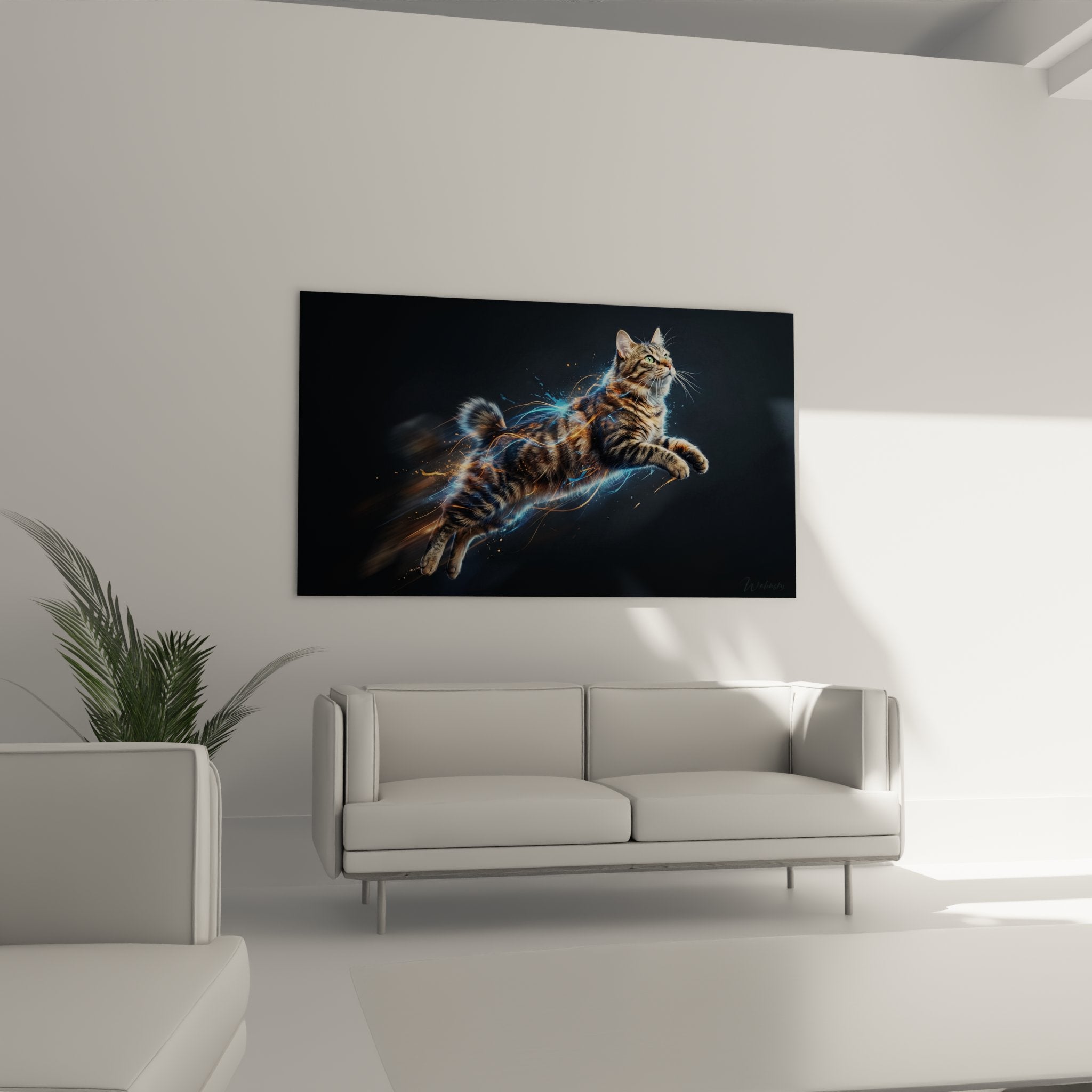 Close-up detail of tabby Kurilian Bobtail cat painting with green eyes and electric lightning bolts