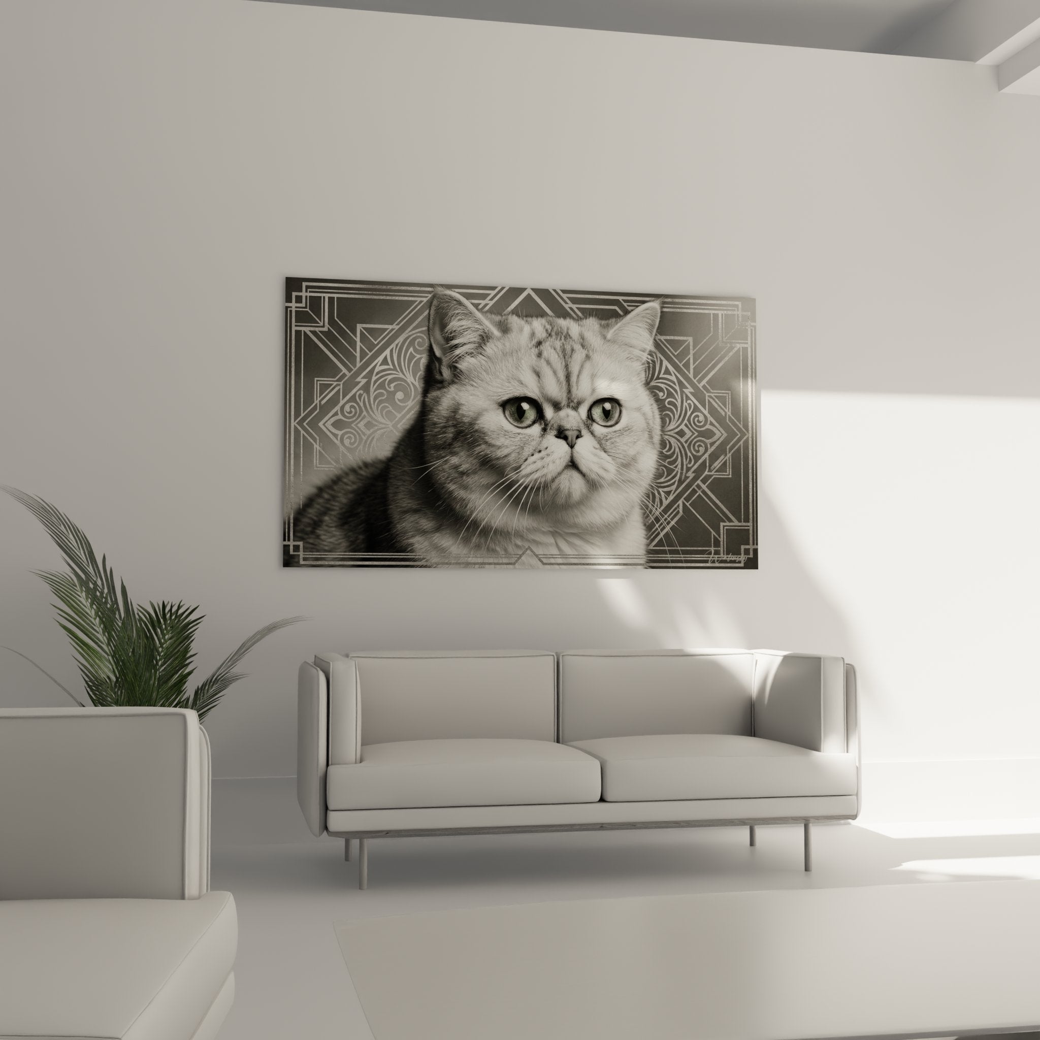 Détail rapproché portrait chat Exotic Shorthair montrant texture pelage réaliste et motifs décoratifs Art Déco