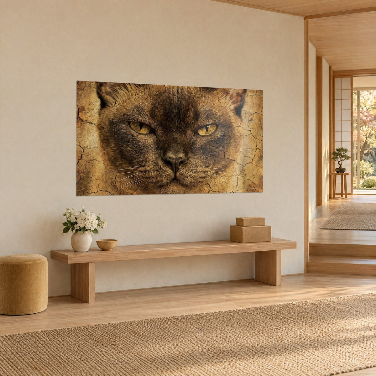 Tableau portrait de chat chocolat au regard jaune sévère, fond de terre craquelée ocre, mur crème, vue de trois-quarts, banc en bois et couloir japandi