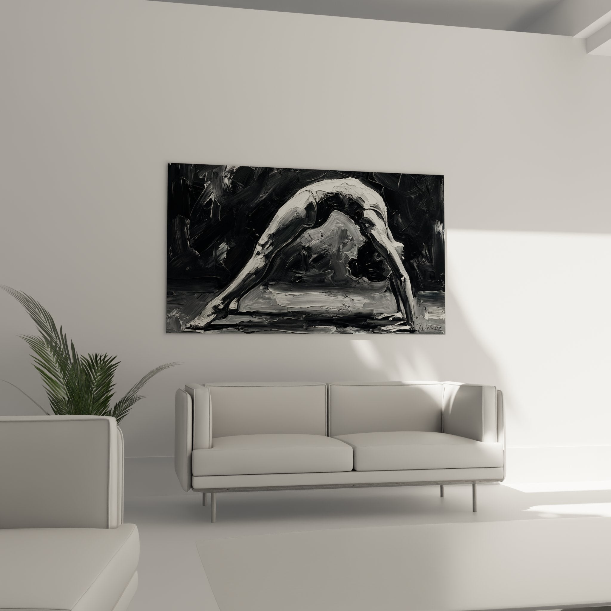 Détail peinture yoga expressionniste - Coups de pinceau mouvement gymnique noir et blanc