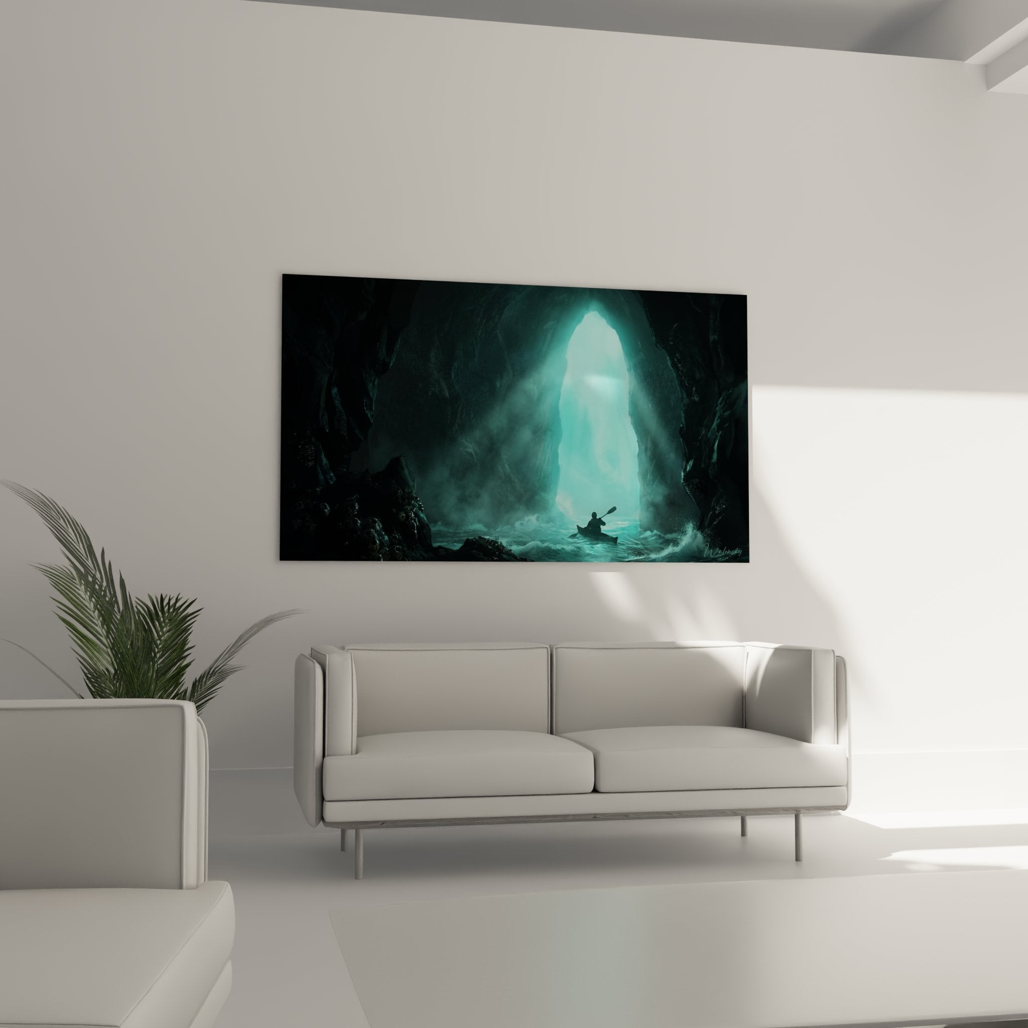 Détail tableau kayak grotte marine kayakeur solitaire lumière mystique exploration underwater