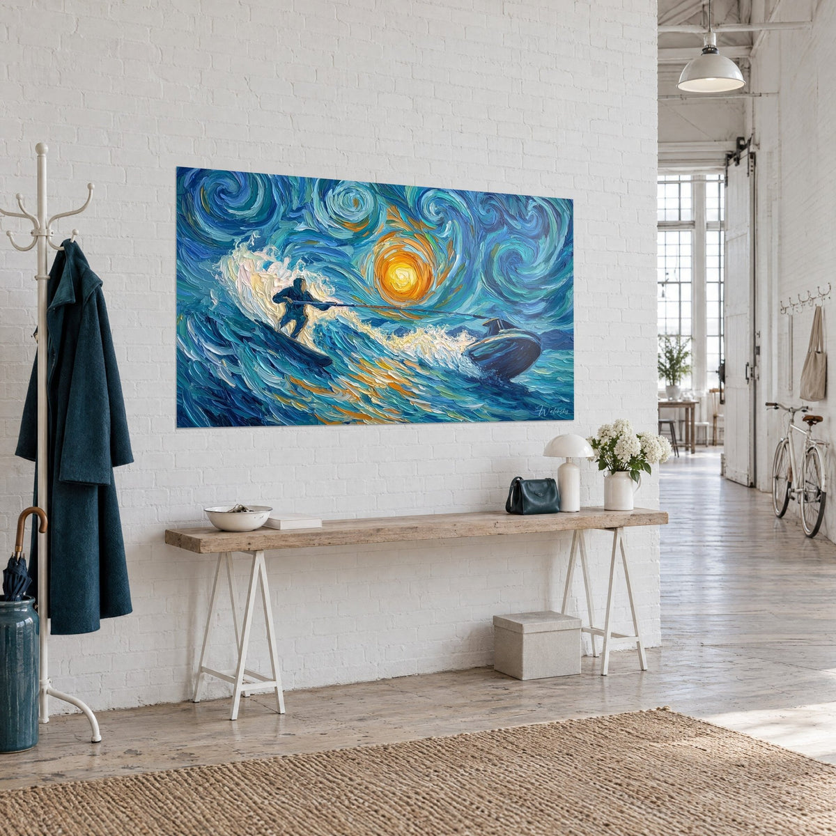 Wall art of a water-ski athlete leaning over turquoise water, indigo outboard motor and amber sun, artist loft in three-quarter view