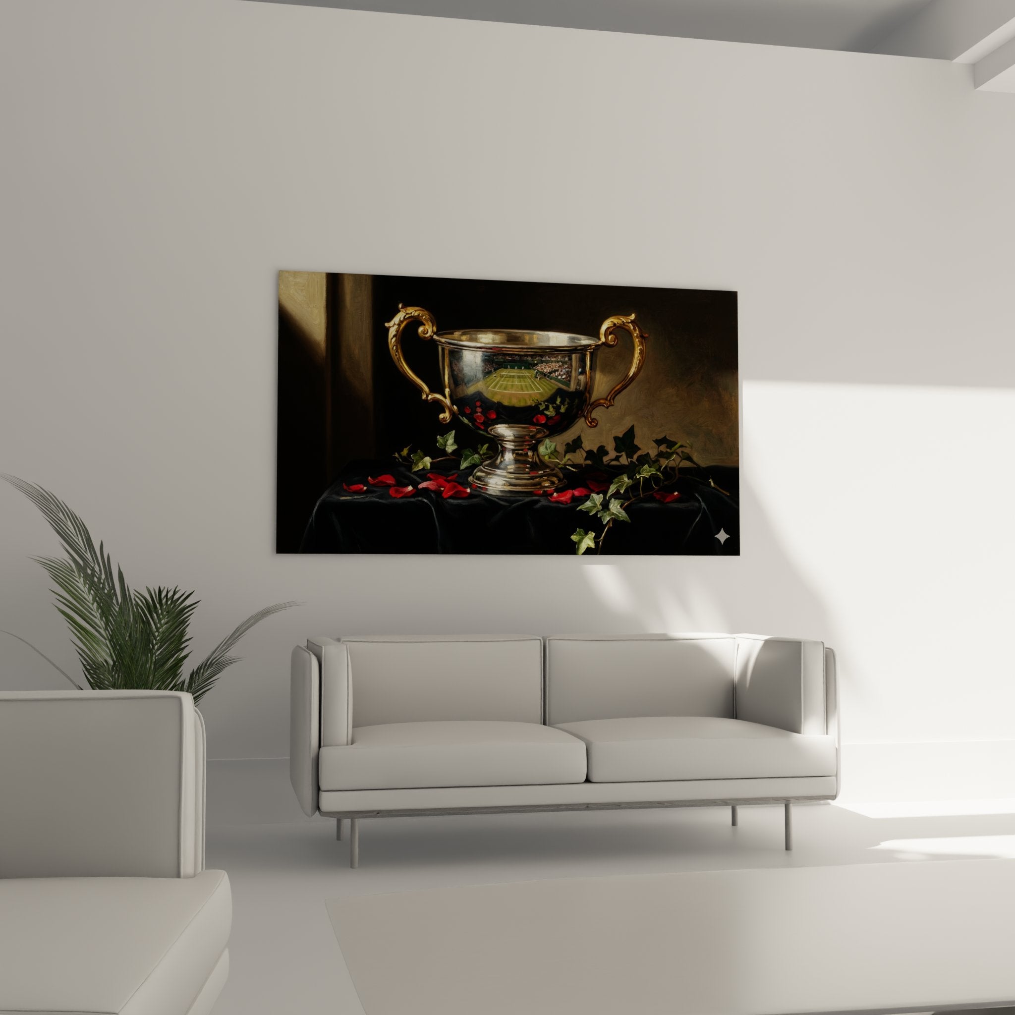 Détail trophée tennis argenté peinture réaliste, reflets dorés anses ornementées court tennis