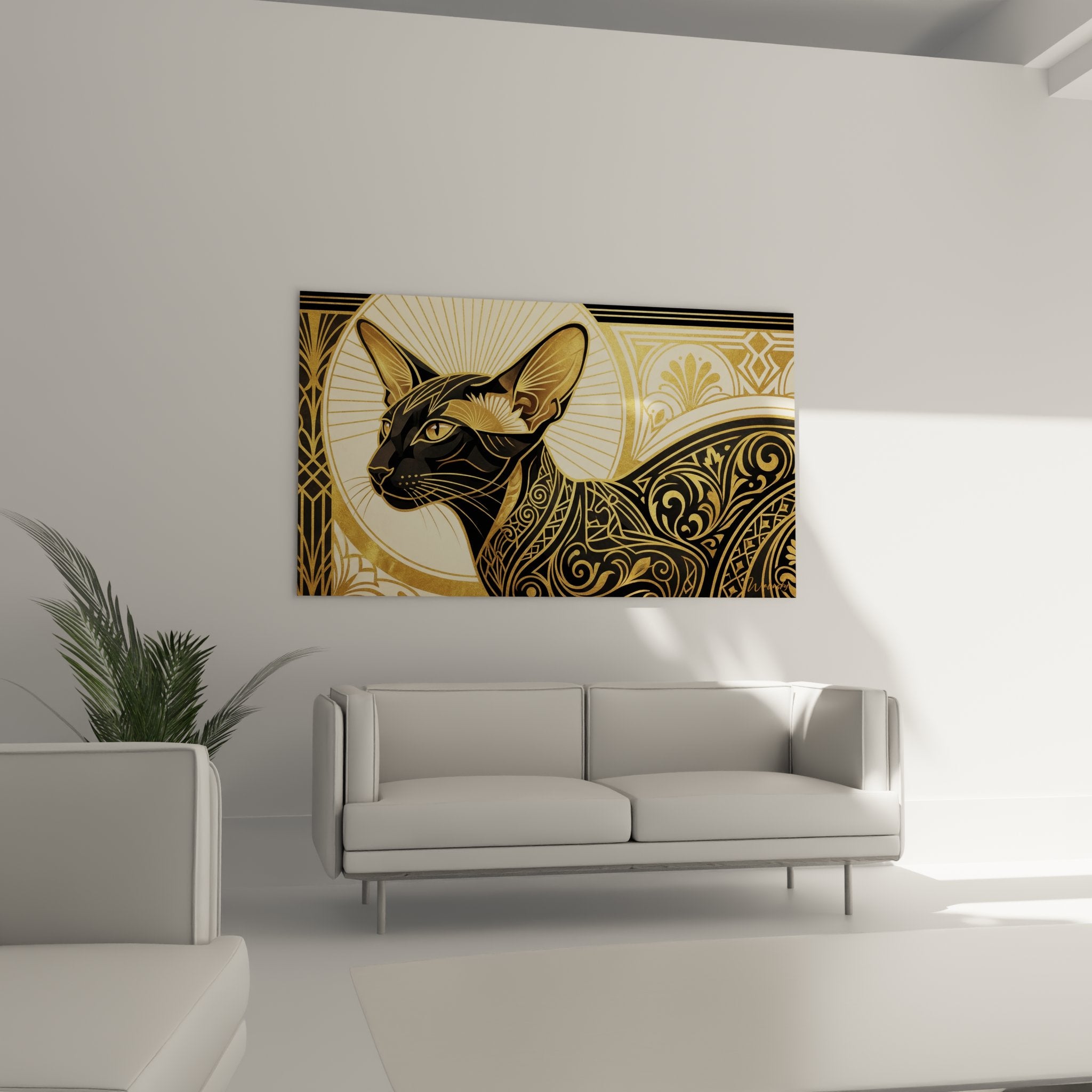 Close-up detail of Oriental Shorthair cat with golden Art Deco patterns and refined geometric ornaments
