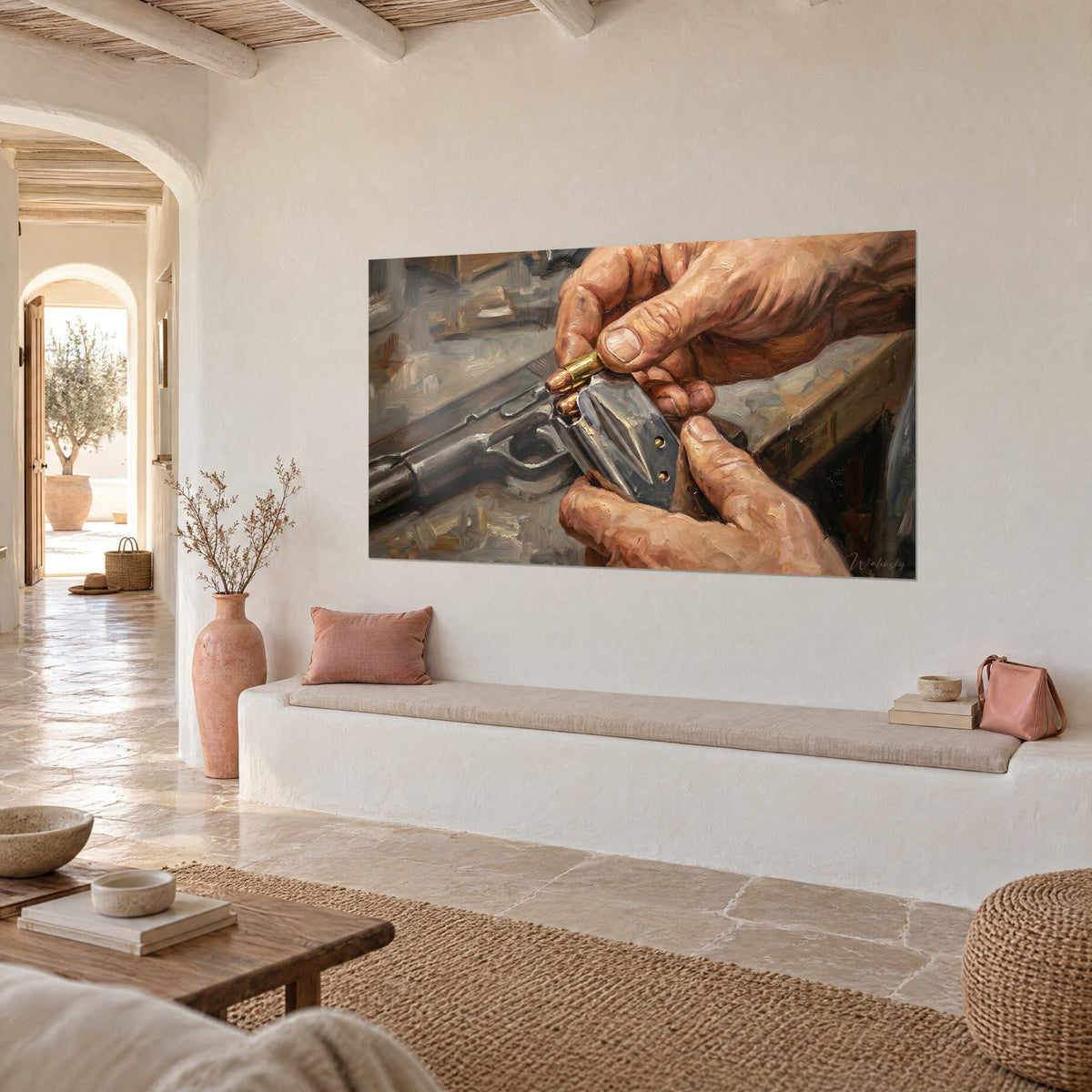 Wall art of a marksman loading his pistol, rosy fingers and silvery grey metal, oil painted in broad brushstrokes, white bench and Mediterranean interior