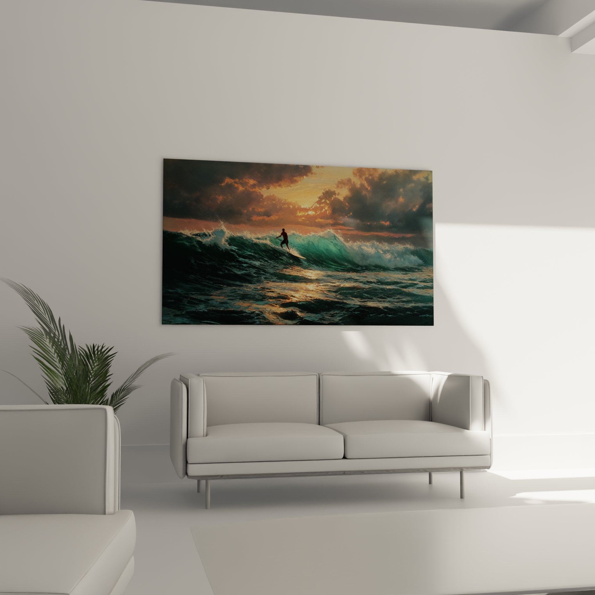 Detail tableau surf texture vague turquoise ecume blanche surfeur silhouette art mural