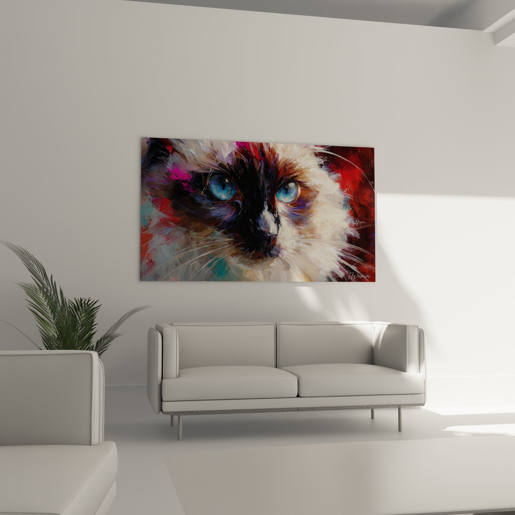 Primo piano degli occhi blu penetranti del gatto birmano in questo quadro dai colori vivaci