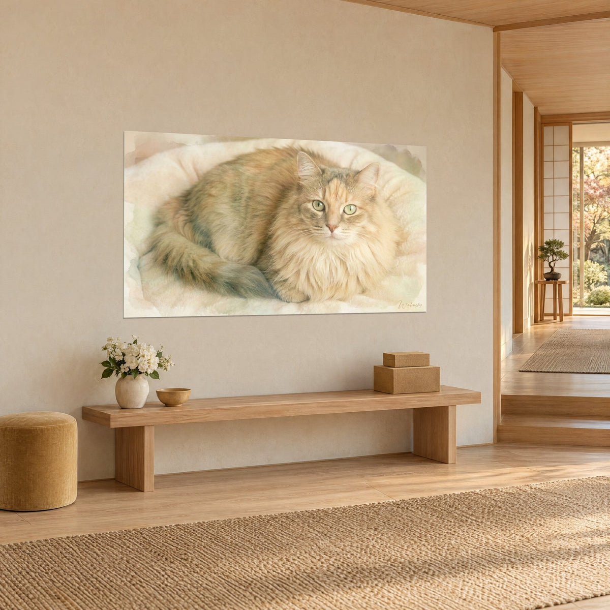 Wall art curled-up Ragamuffin cat, grey striped tail and apricot fur, ivory throw, three-quarter view on a light wood bench