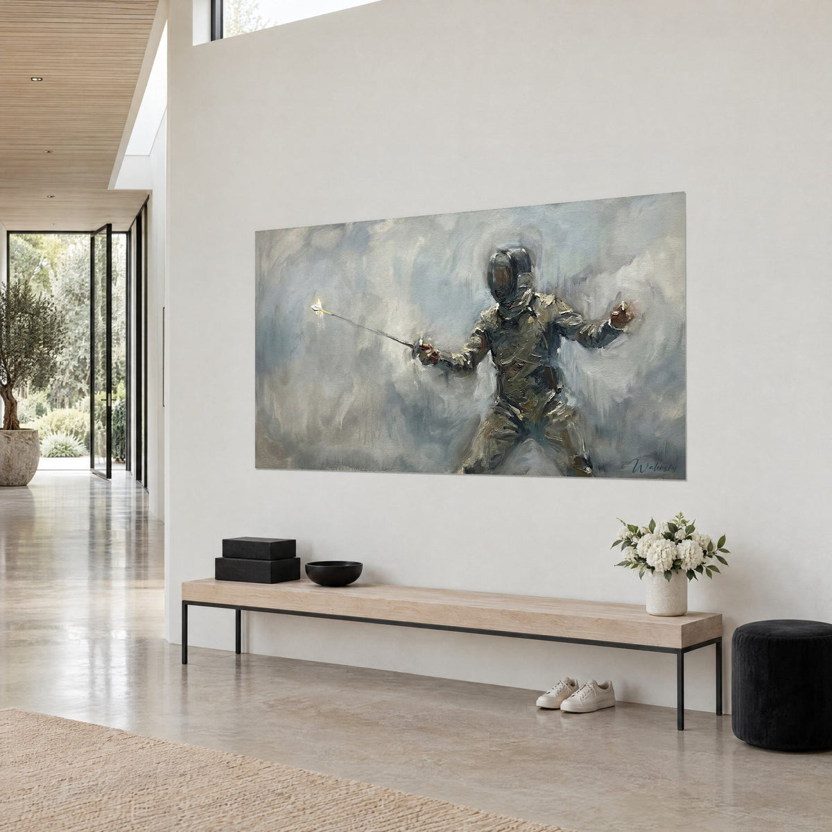 Wall art of a fencer in a quilted jacket, golden sabre extended, pearl grey and steel blue background, white wall of an architect's house