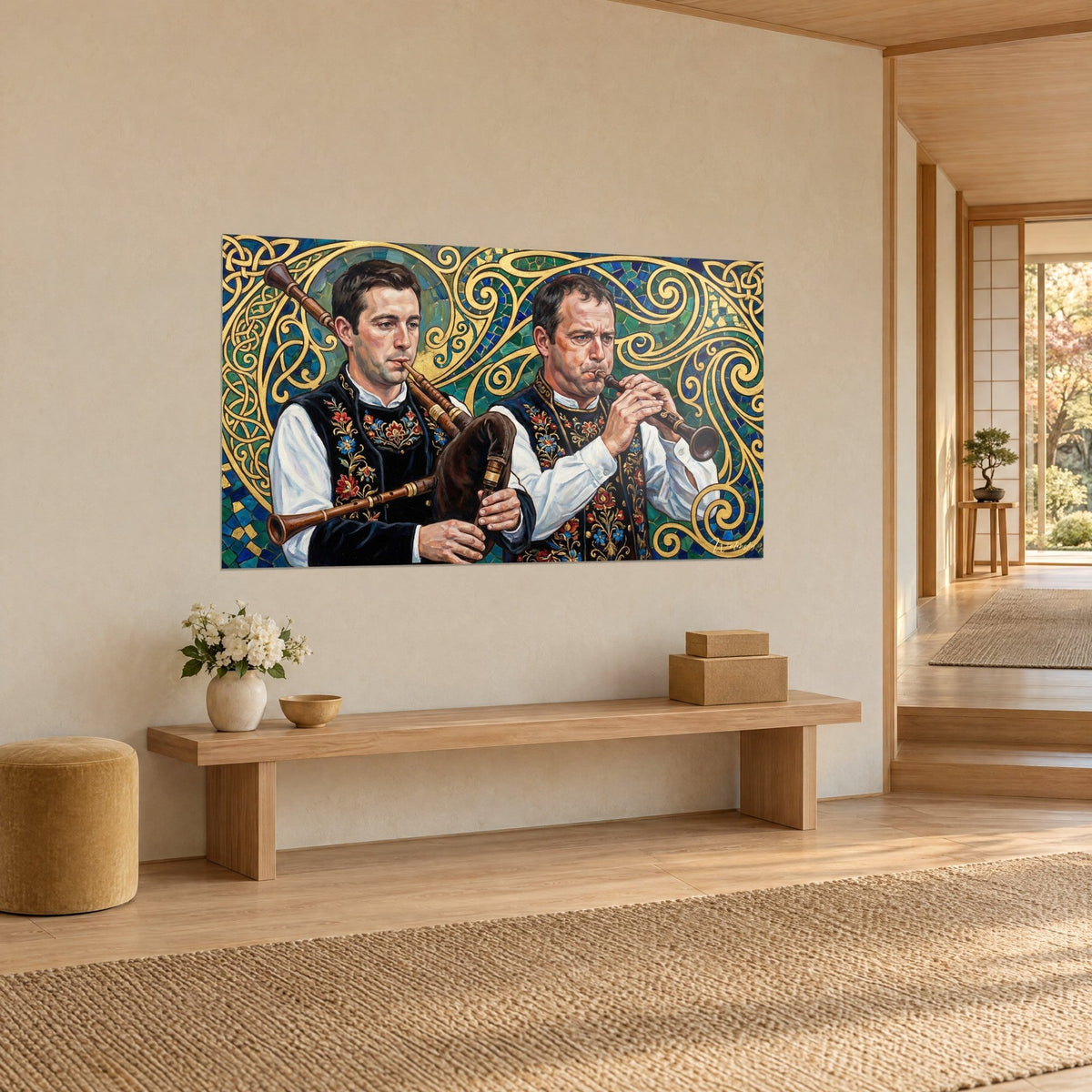Wall art bombarde players in white shirts and flowered waistcoats, golden Celtic knotwork on emerald green background, three-quarter view