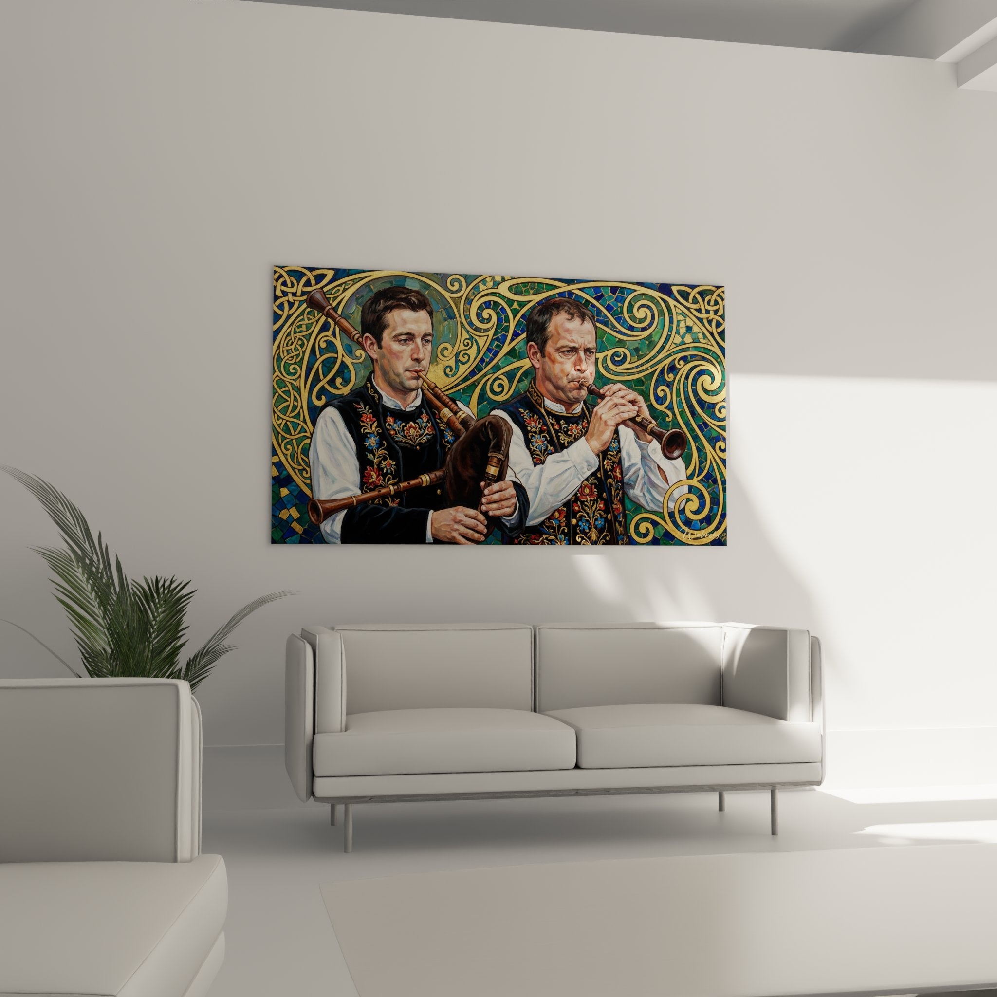 Gros plan tableau musiciens bretons costume brode traditionnel bombarde biniou ornements celtiques dores