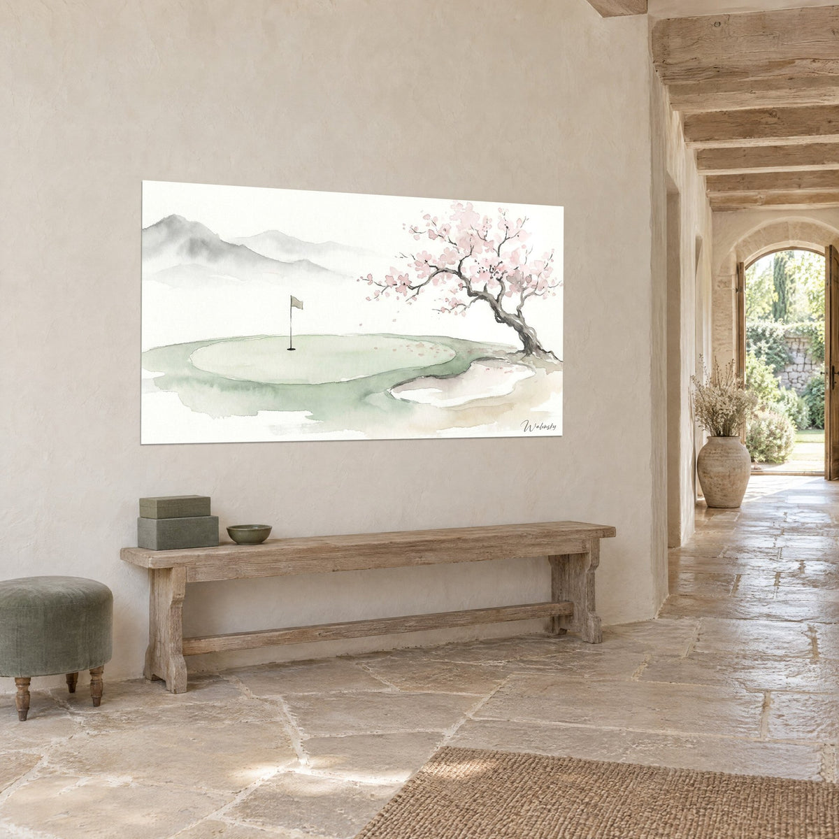 Wall art Japanese cherry tree with pale pink petals on a sage green, gray mountains, entrance to a stone house