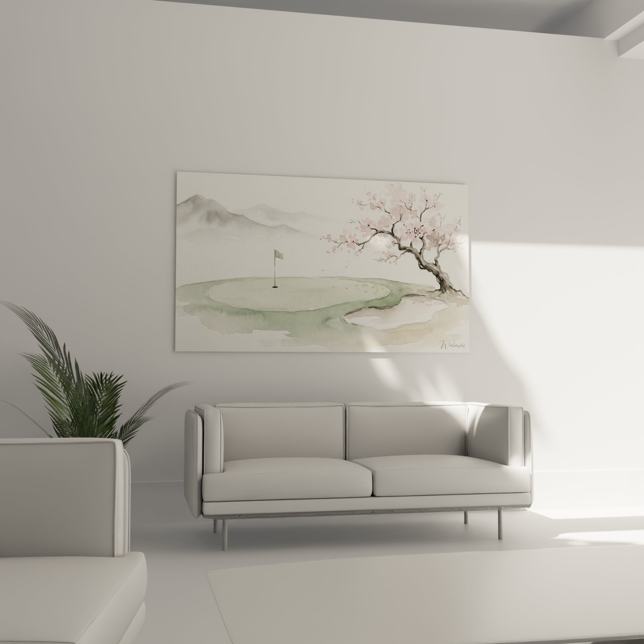 Detail aquarelle cerisier japonais rose et green de golf - technique peinture art mural zen