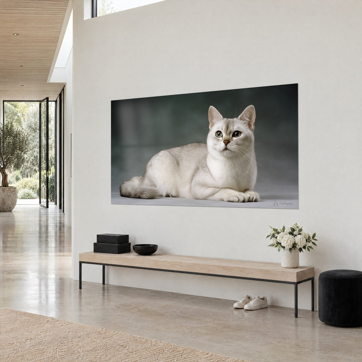 Tableau félin blanc nacré aux grands yeux verts, fond vert sombre, mur beige, console en bois, en vue de trois-quarts
