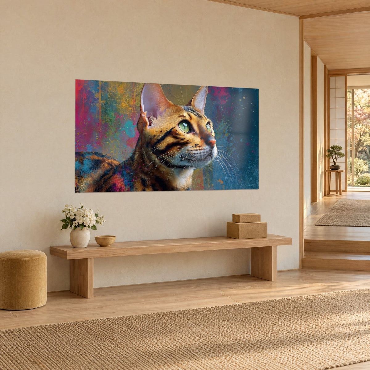 Tableau portrait de chat tacheté tourné vers la droite, oreilles dressées, éclaboussures magenta et bleu pétrole, vue de trois-quarts japandi