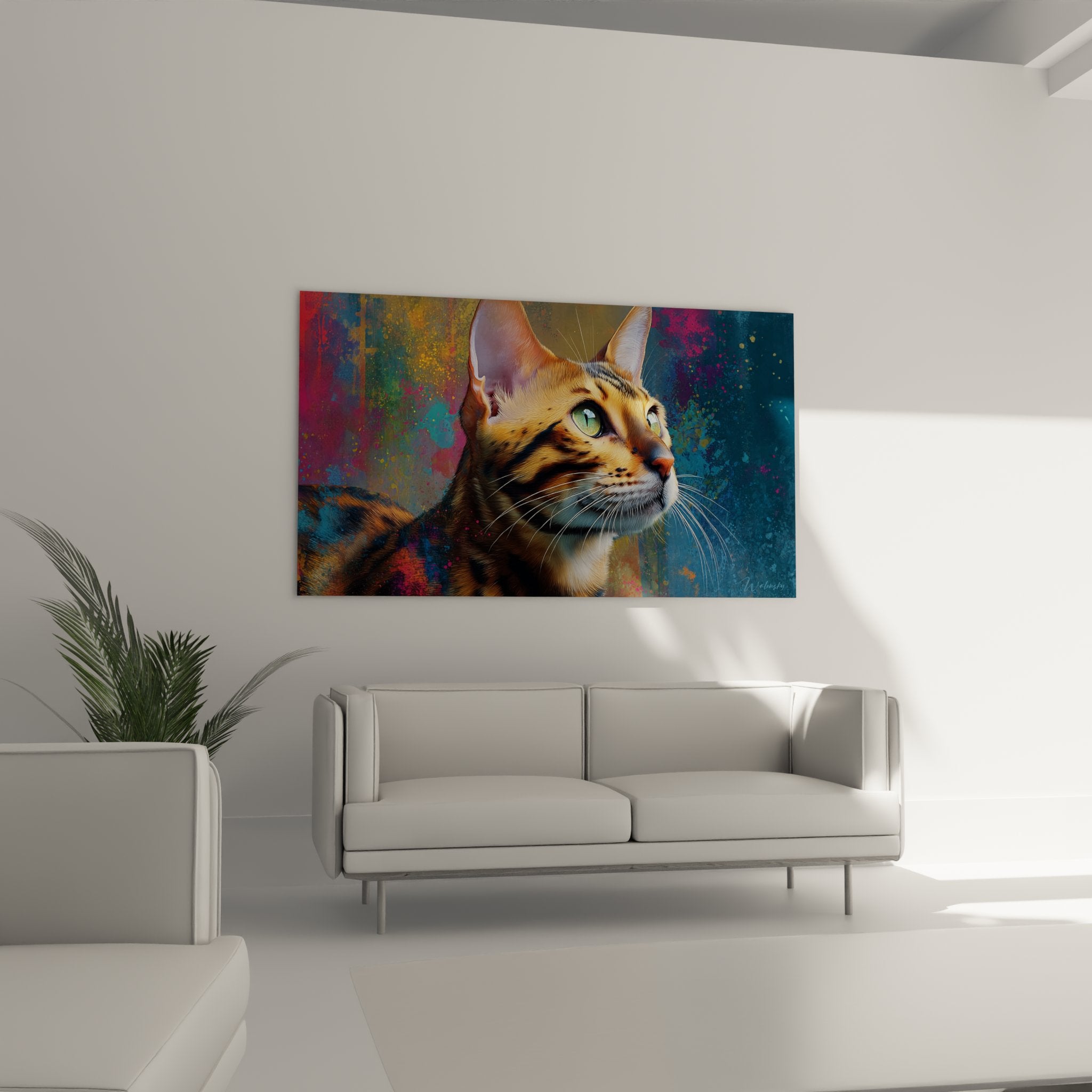 Détail tableau chat Bengal montrant yeux verts émeraude et pelage tacheté, art mural haute qualité impression