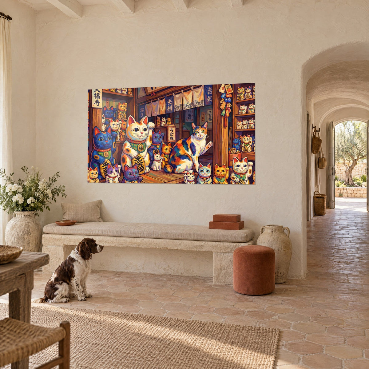 Wall art white maneki-neko with green collar, cobalt blue and violet cats, noren curtains, cream wall of a Provençal farmhouse