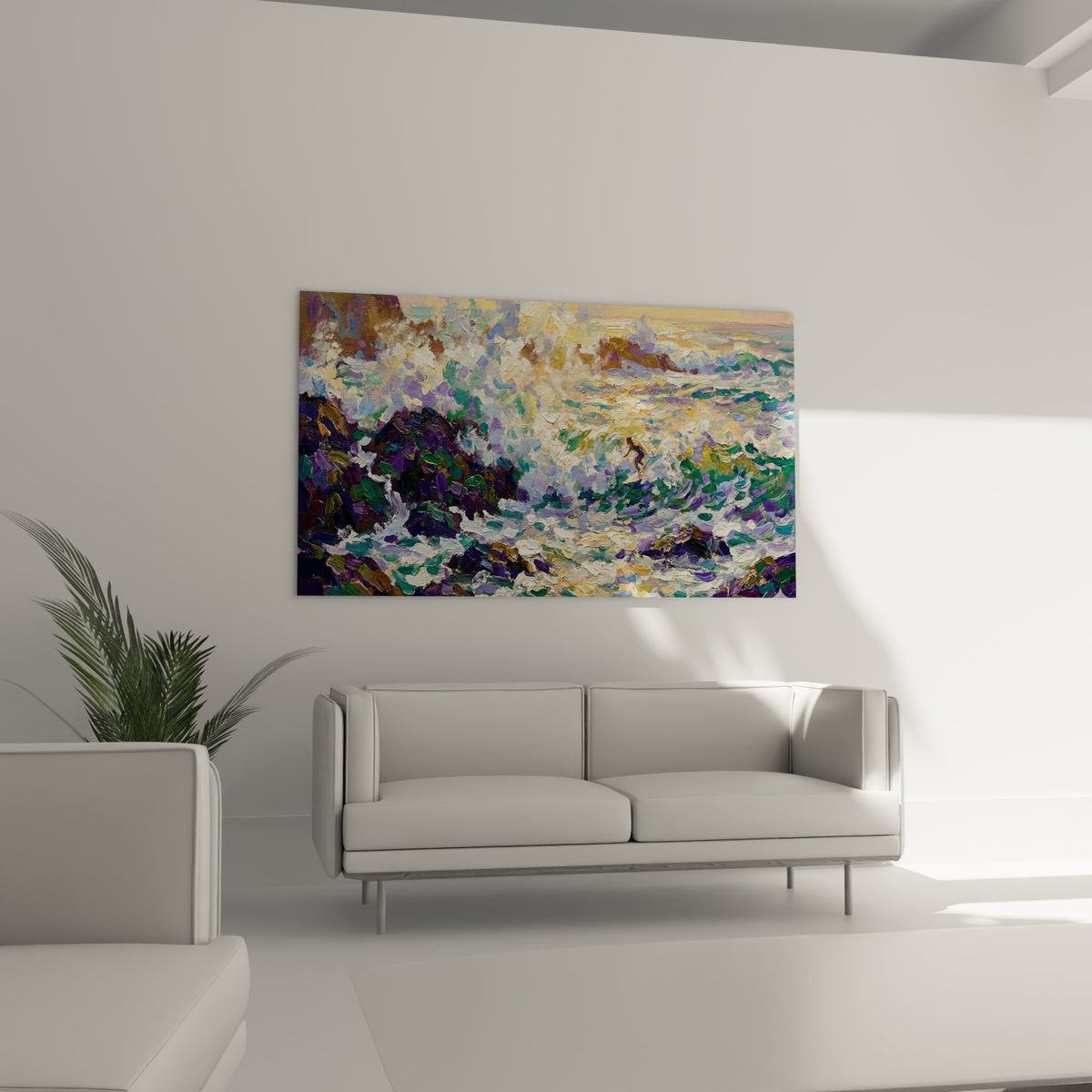 Détail texture peinture épaisse tableau vague avec coups de pinceau visibles couleurs vibrantes océan surf