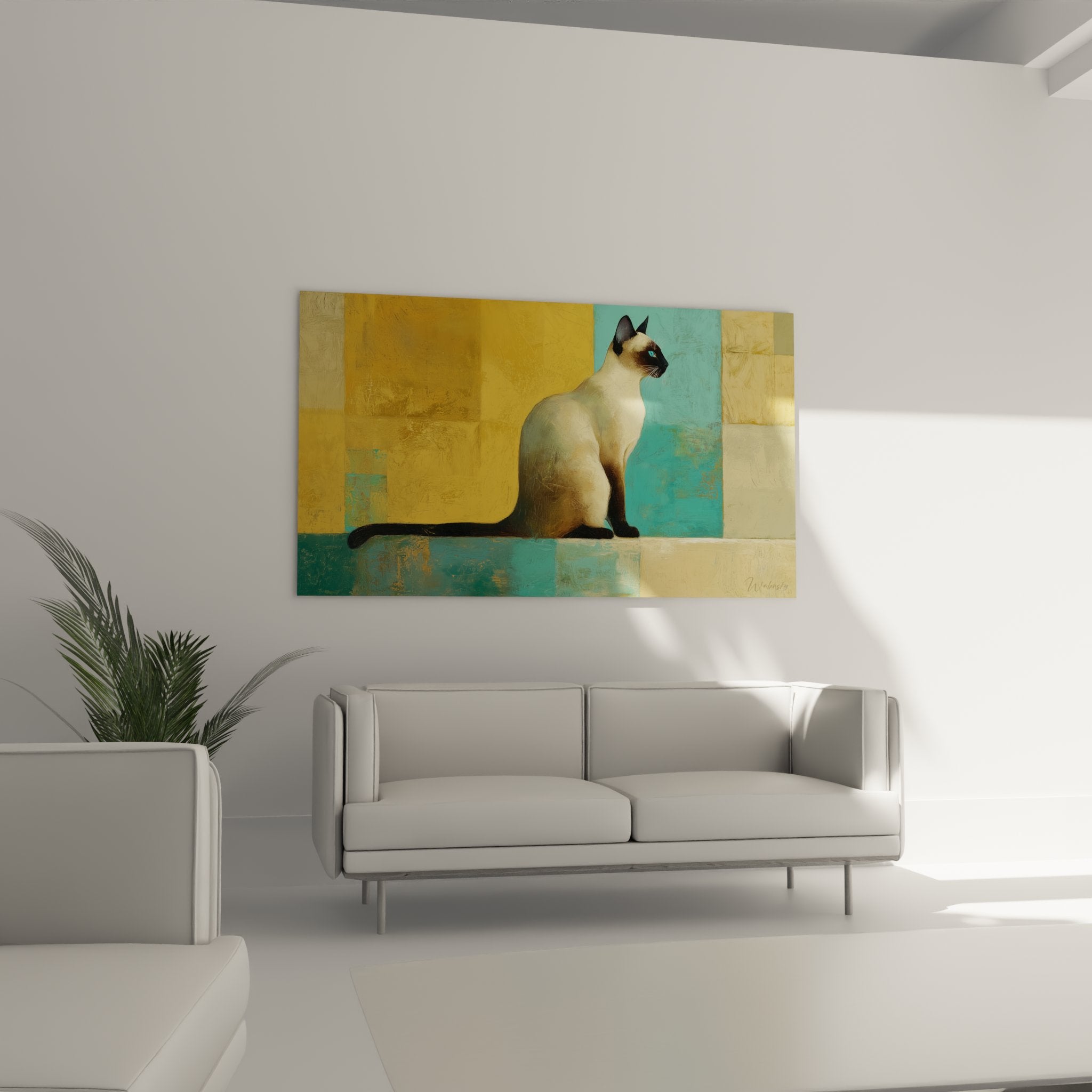 Dettaglio ravvicinato del quadro gatto siamese, pittura moderna con tonalità dorate, arte murale contemporanea