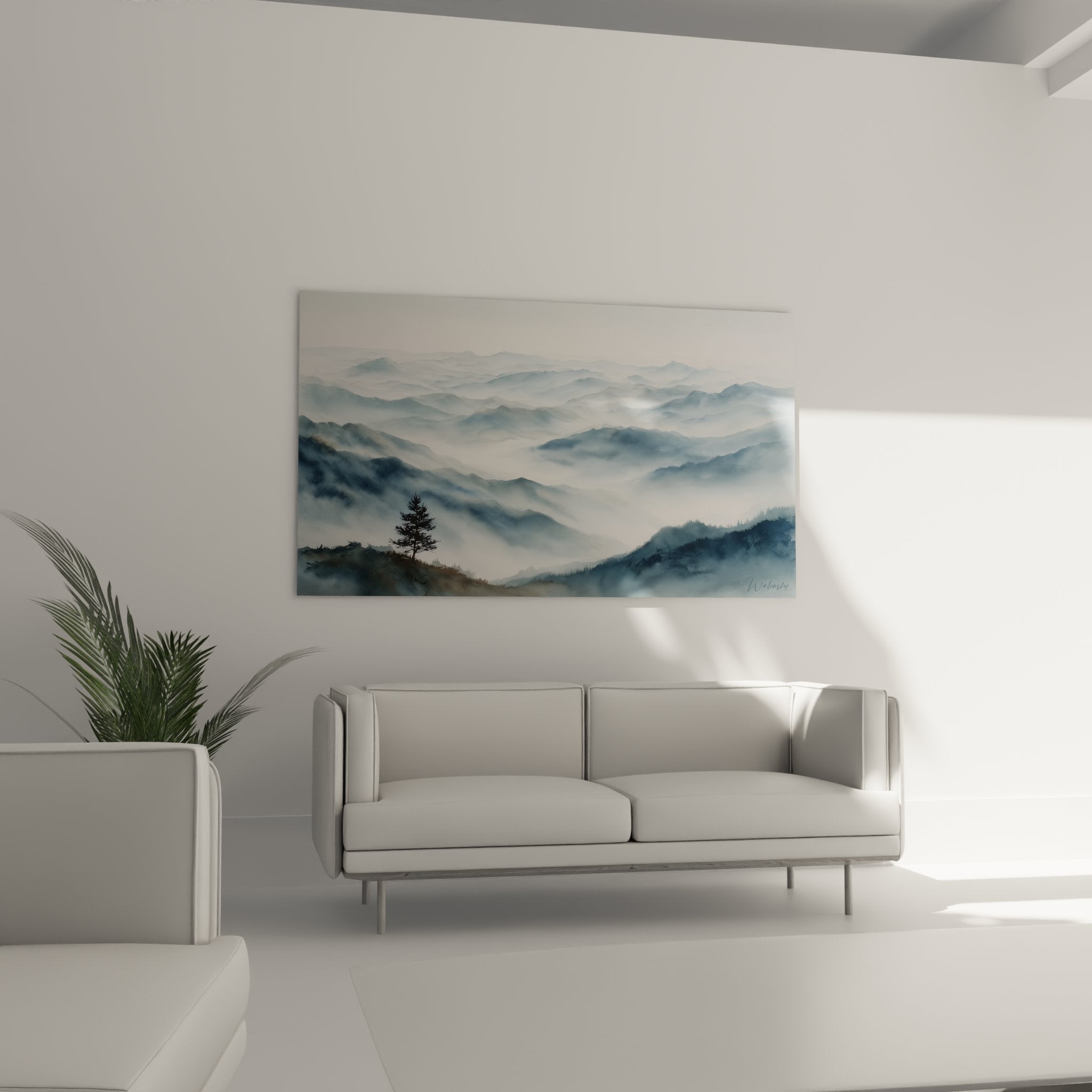 Détail tableau paysage montagneux, technique aquarelle brume entre les crêtes montagneuses