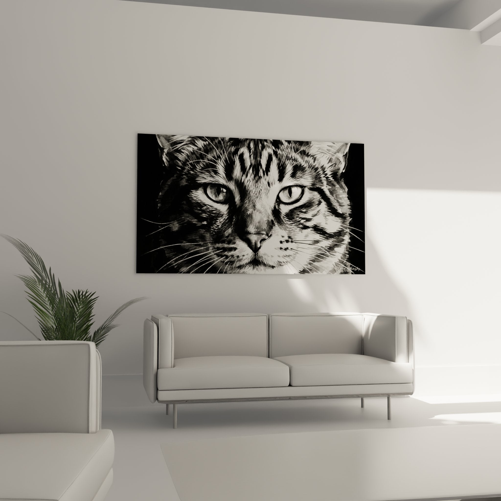 Détail gros plan tableau chat American Bobtail, texture pelage tigré et yeux expressifs en noir et blanc