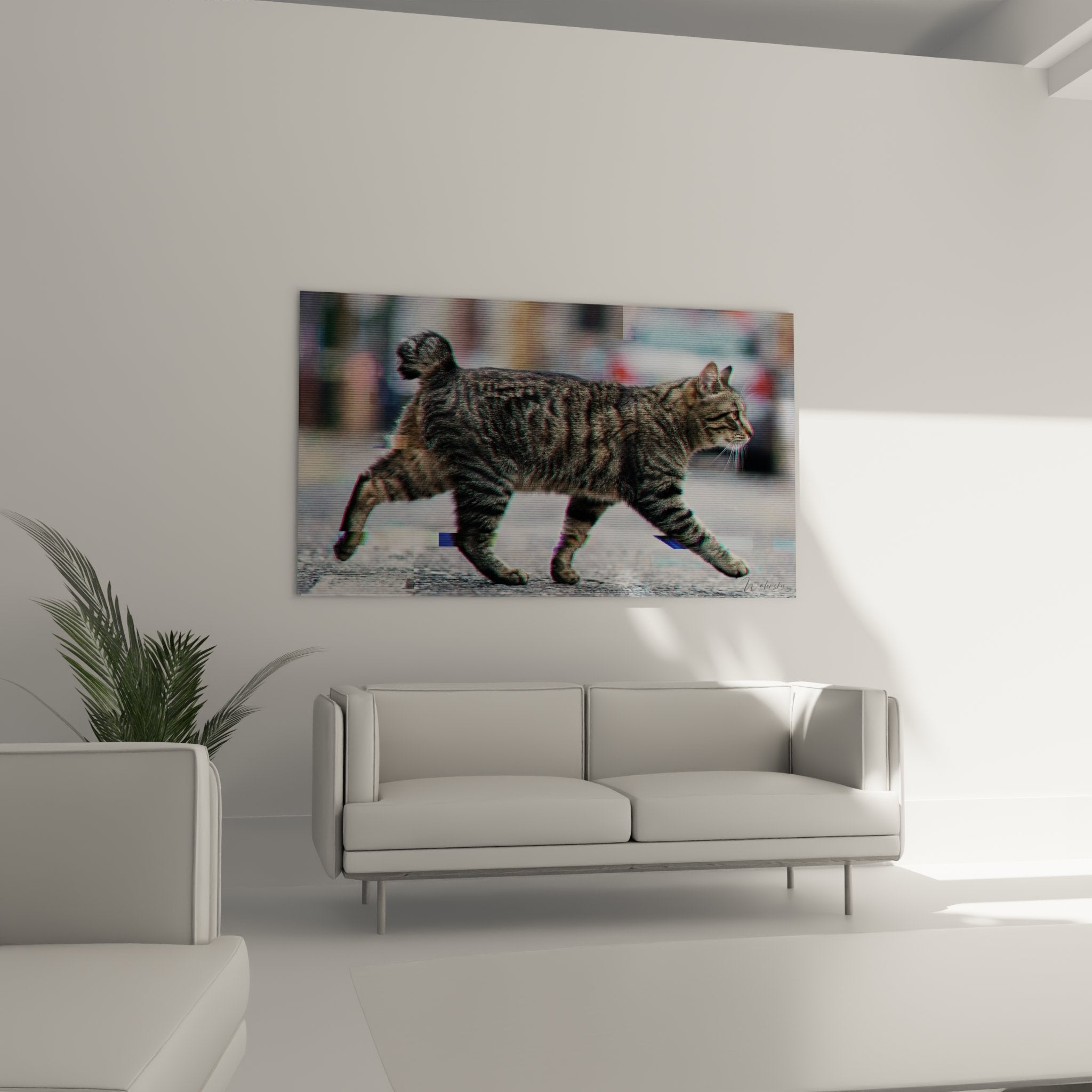 Gros plan tableau chat American Bobtail art numerique glitch detail pelage tabby moderne