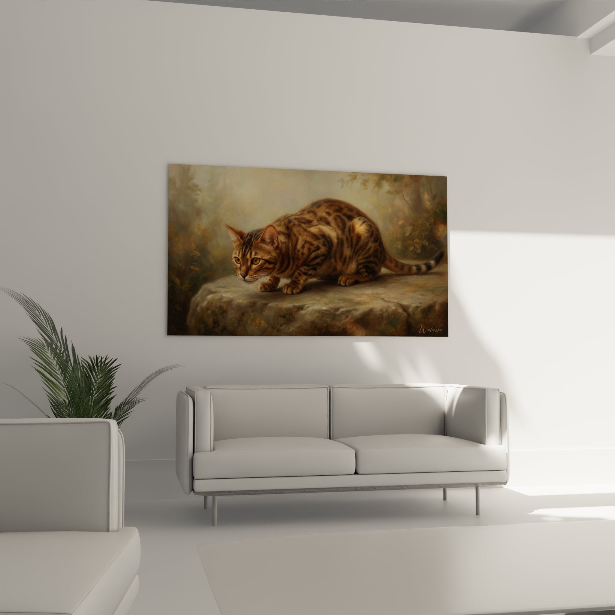 Détail gros plan chat Bengal yeux ambre pelage marbré doré technique peinture réaliste art animalier