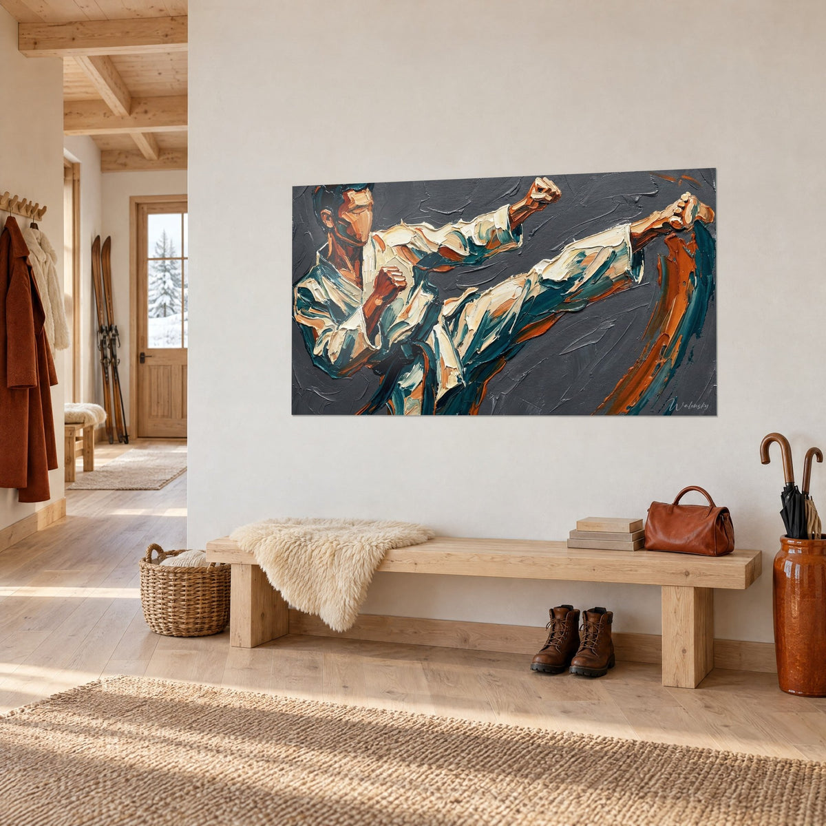 Tableau combattant de karaté en plein mawashi geri, empâtements crème et vert sapin sur fond ardoise, mur blanc d'un chalet