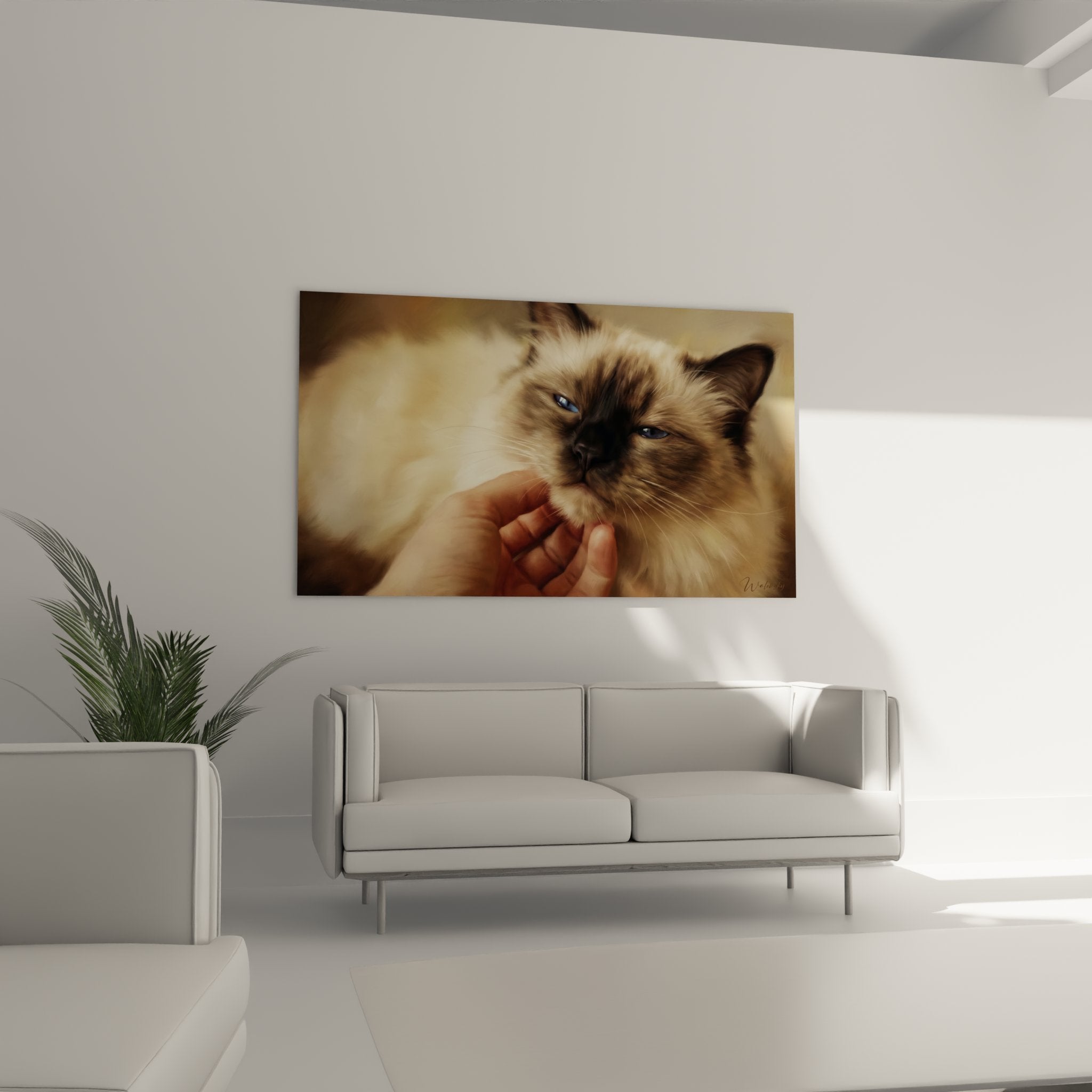Primo piano quadro gatto Birmano occhi blu zaffiro, dettagli artistici pelage crema e punte colorpoint