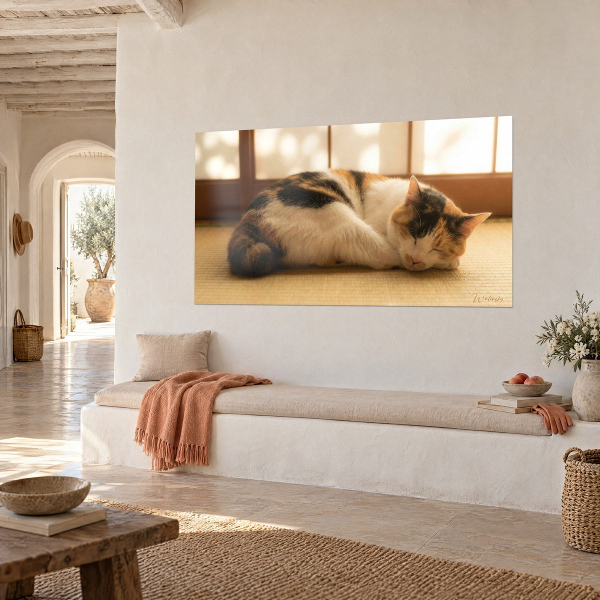 Cuadro Gatito calico dormido en la luz dorada, fondo shoji ocre y madera marrón, banco blanco, casa mediterránea