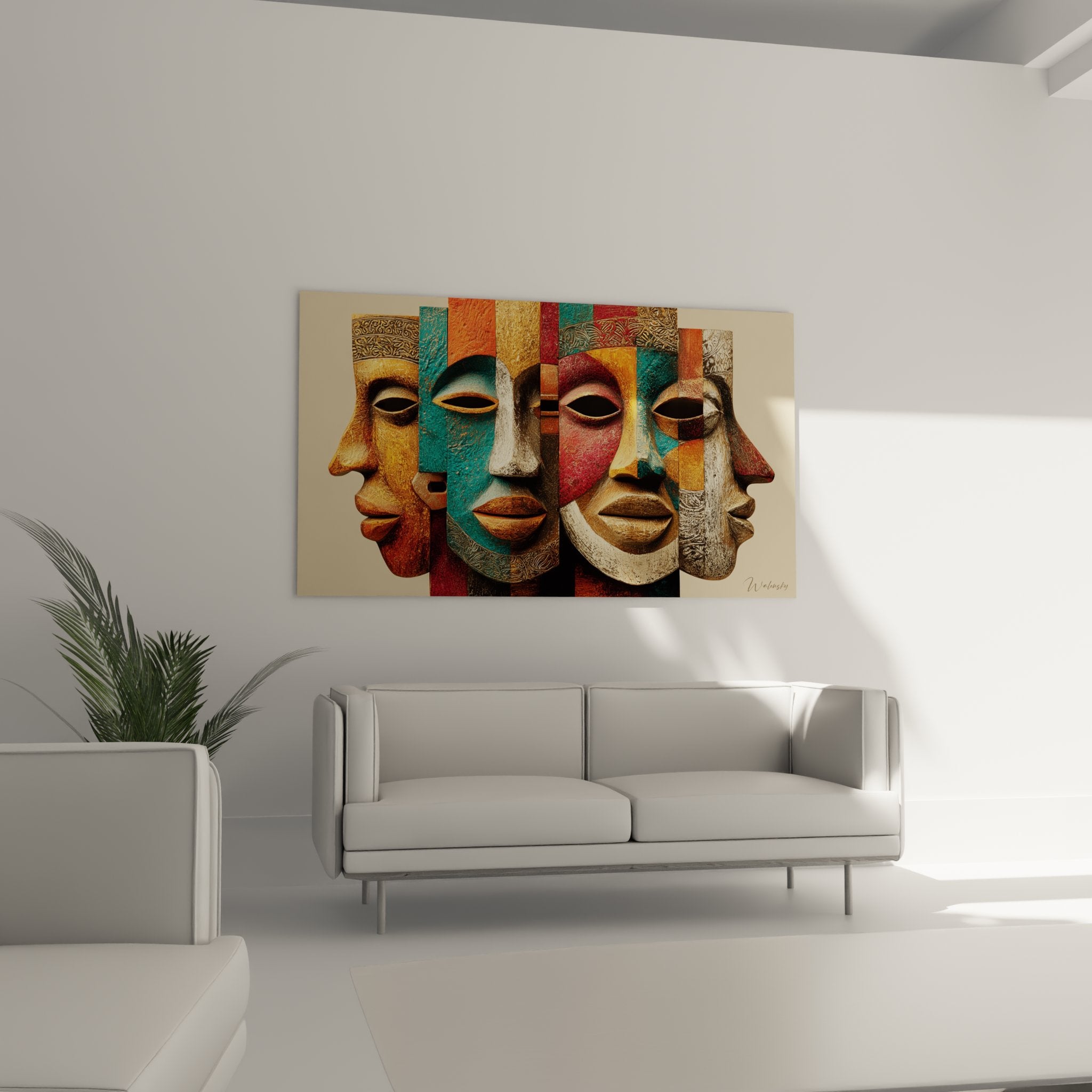 Dettaglio ravvicinato del quadro maschere africane che mostra le trame e i motivi geometrici colorati