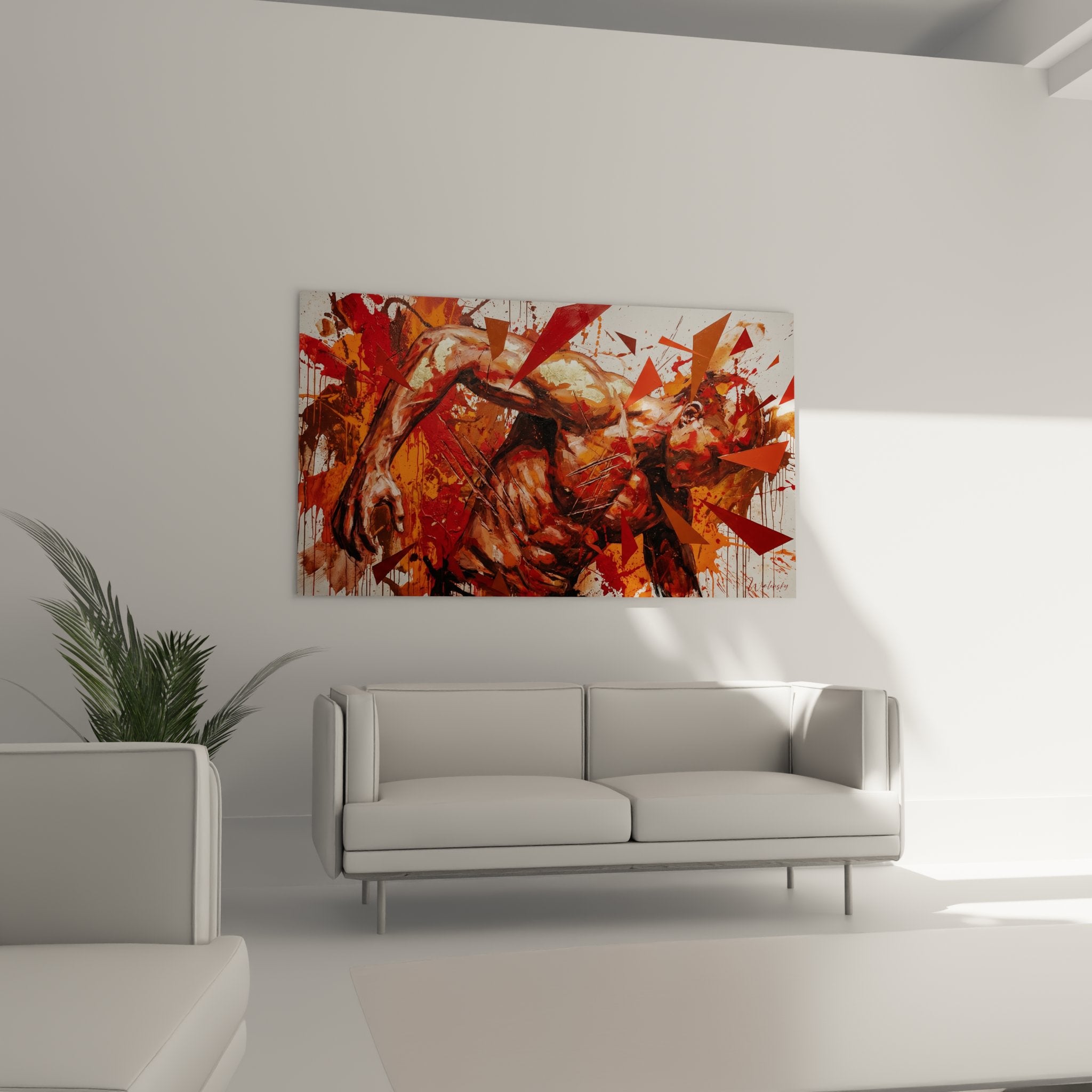 Detail du tableau torse masculin montrant les effets de peinture et la texture artistique musculation