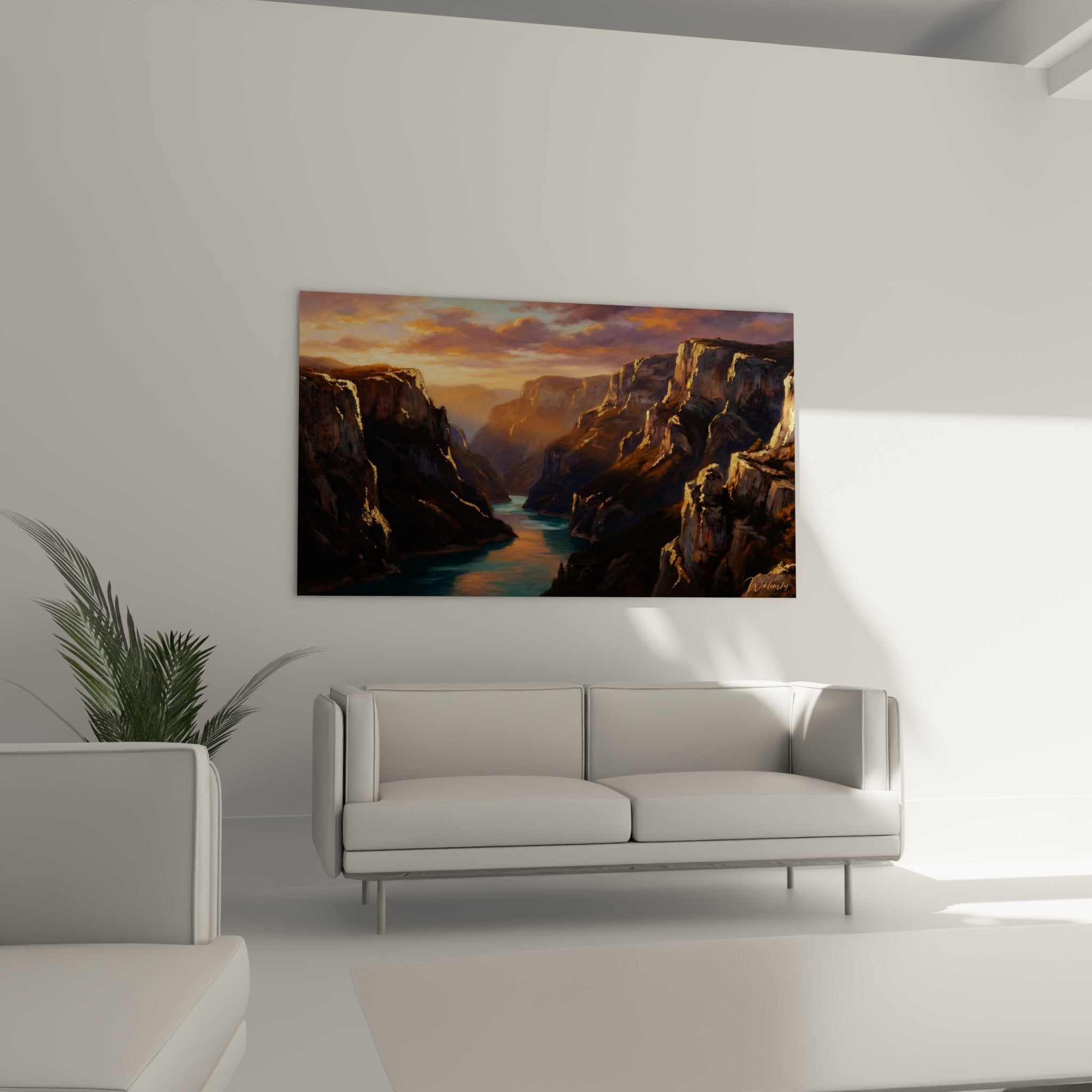 Detail tableau canyon falaises dorees eclairees soleil couchant riviere turquoise premier plan