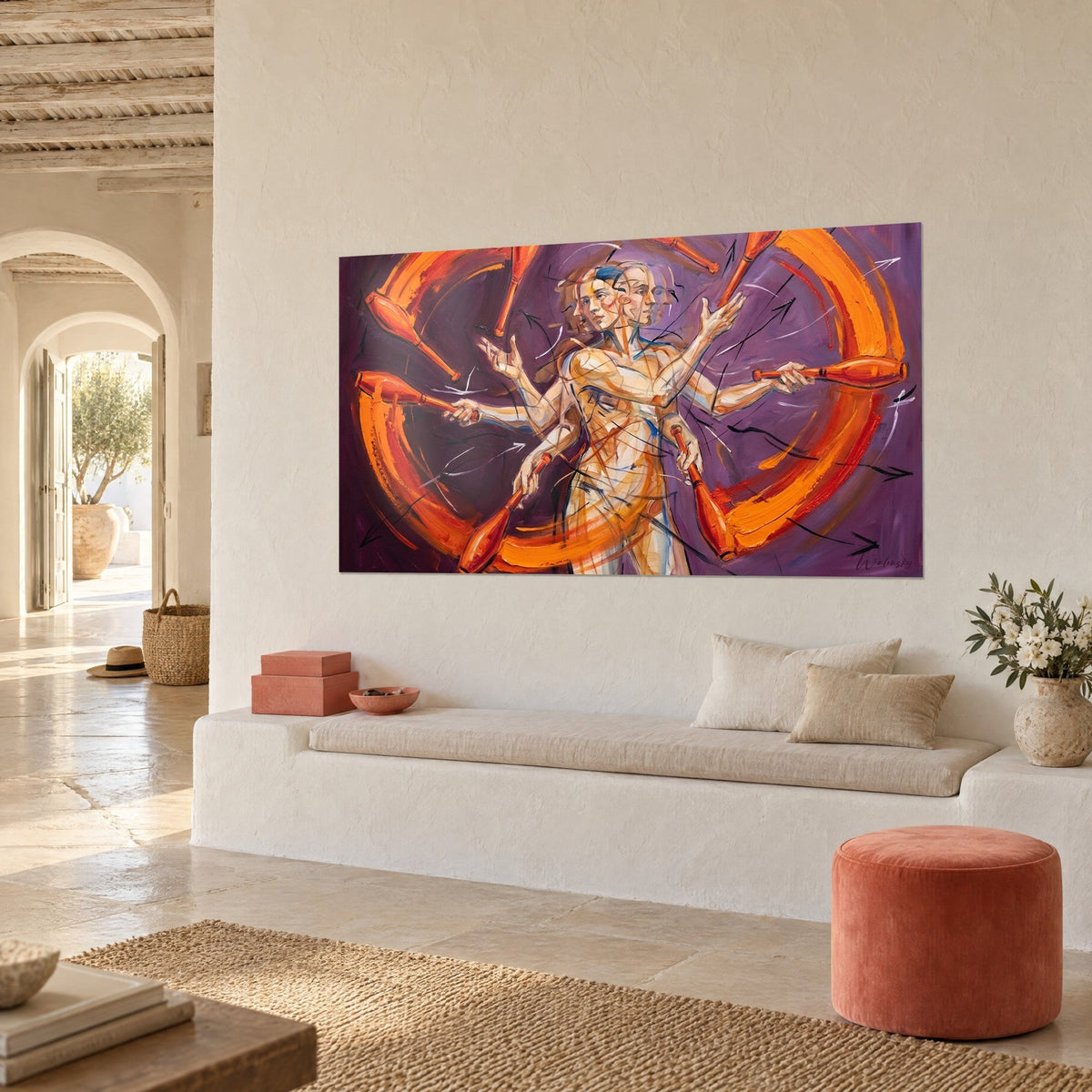 Wall art of a virtuoso performer in multiple gestures, orange flame spiral on eggplant background, white bench in a vaulted alcove