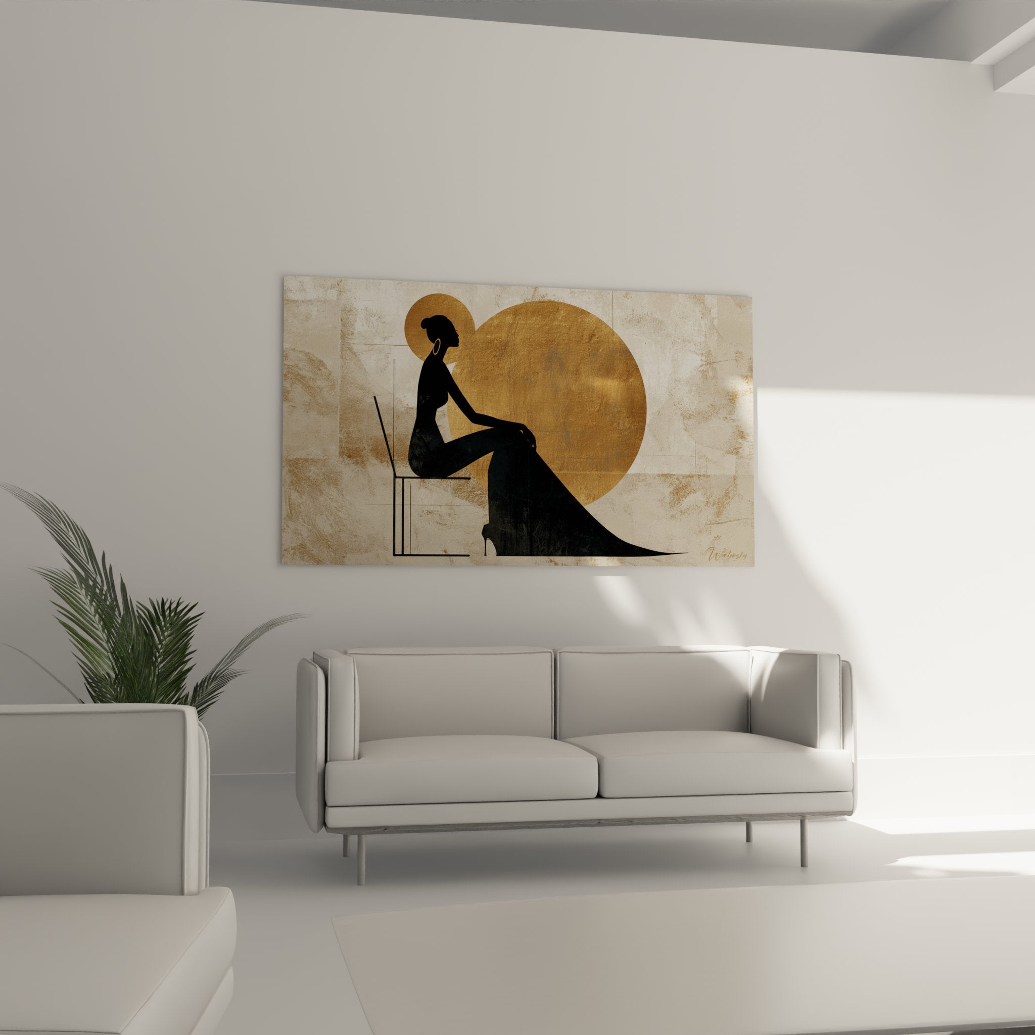 Dettaglio ravvicinato quadro donna africana, texture dorata e silhouette nera elegante, finiture di qualità