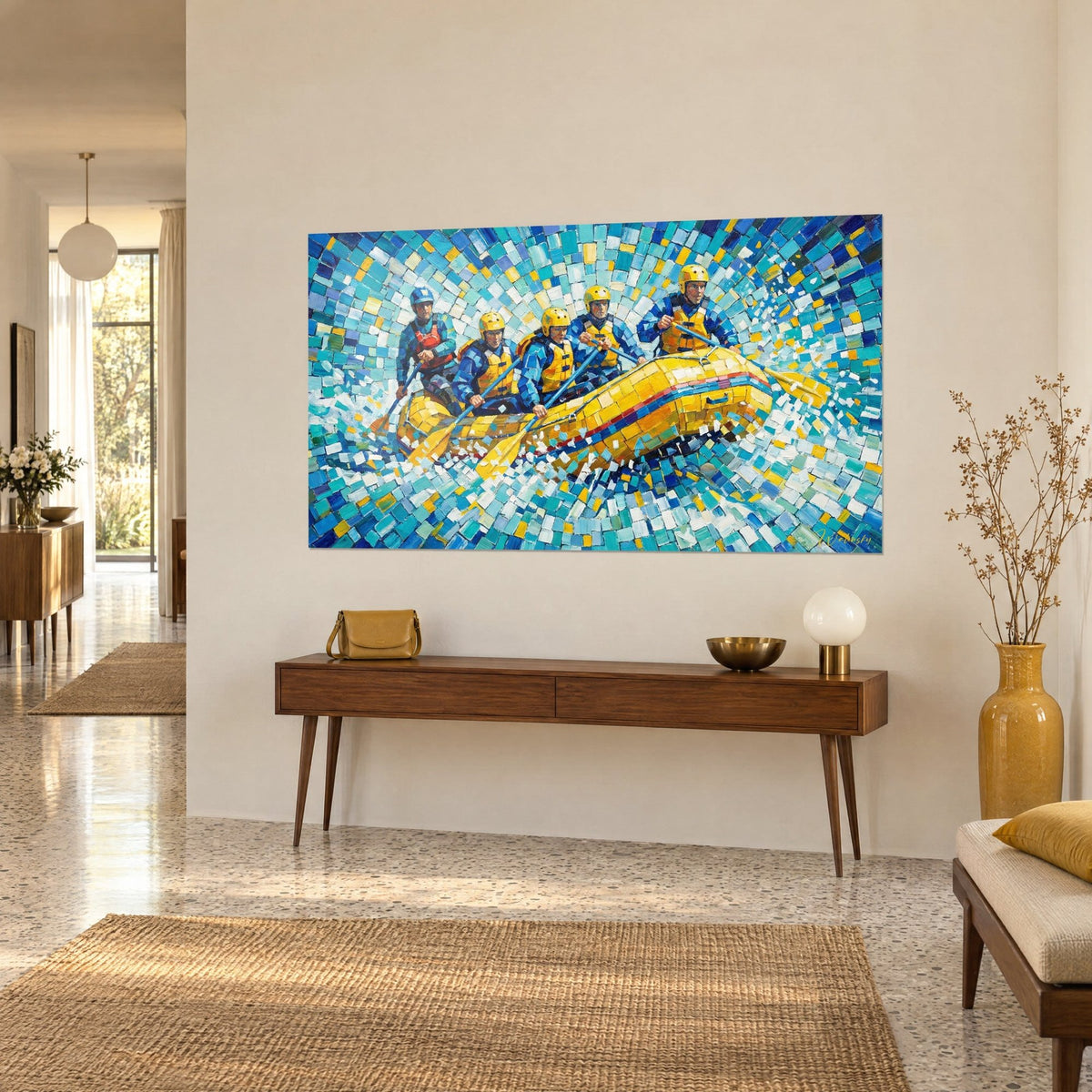 Wall art crew of five helmeted paddlers in saffron vests on whitewater, blue and white mosaic, on a beige wall