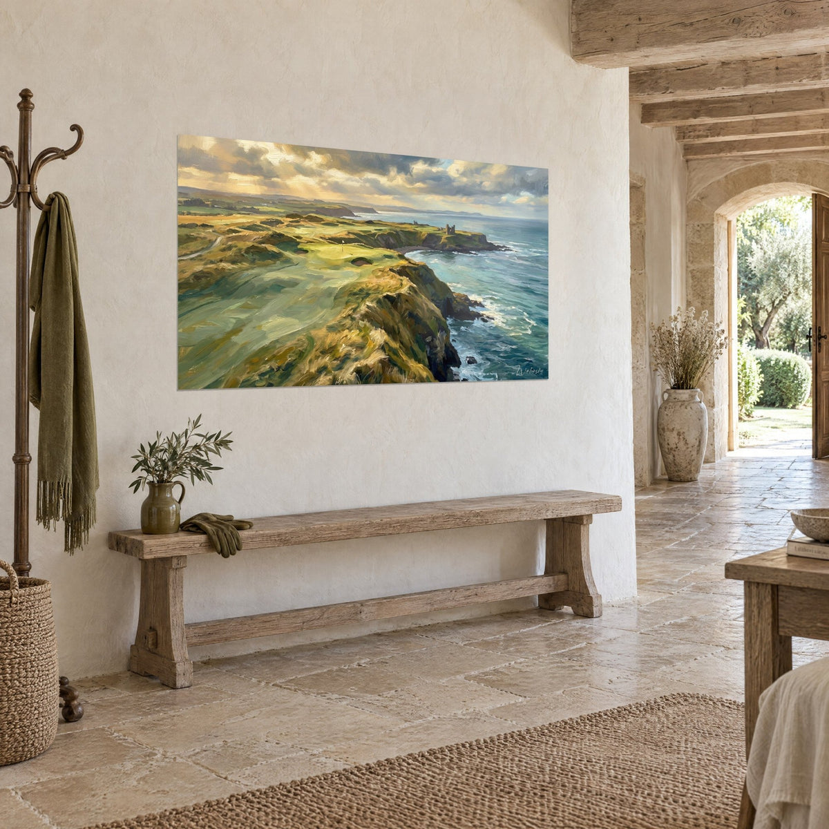 Wall art Scottish links perched on the cliff, golden grasses and blue waves, ochre cloudy sky, in a stone house