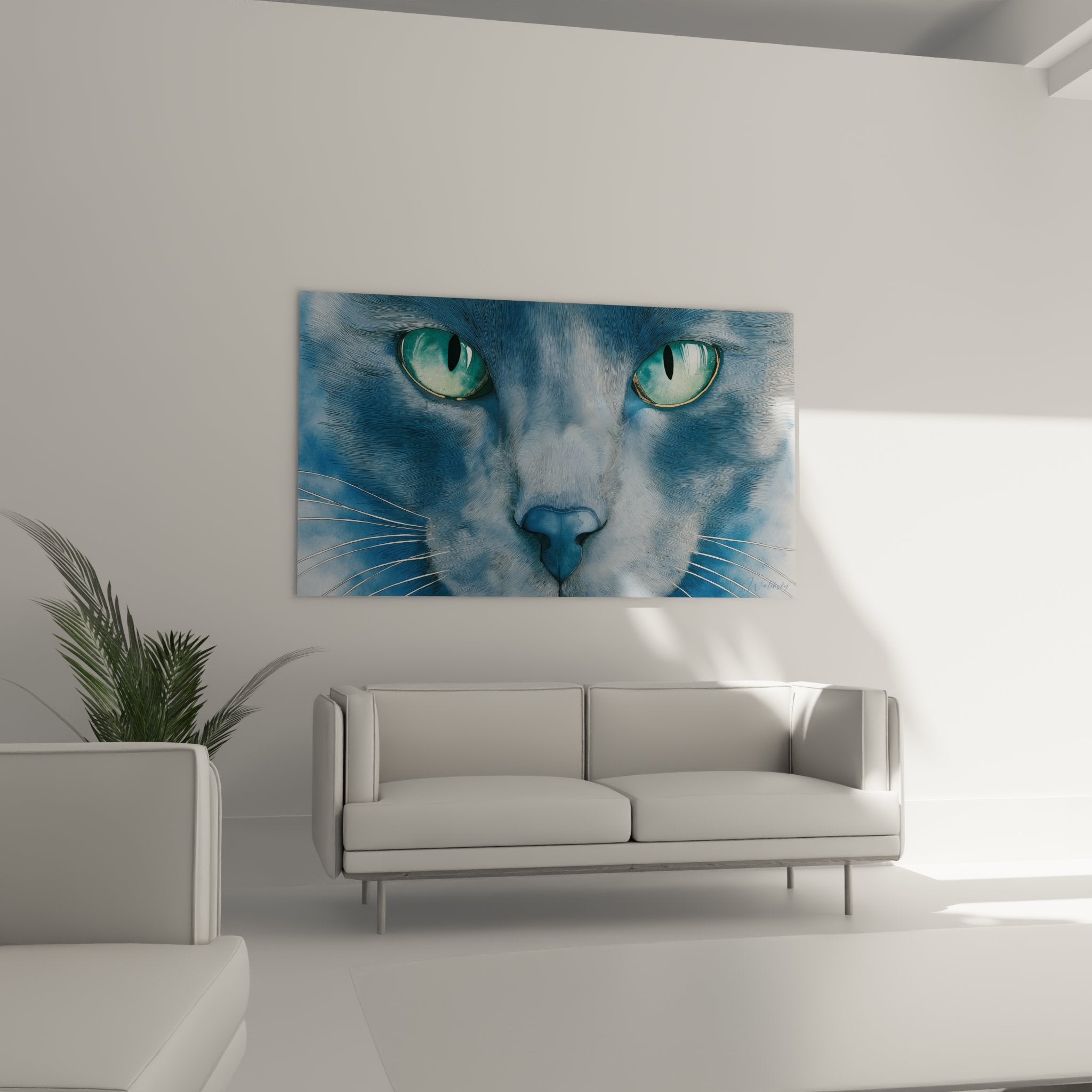 Gros plan sur les yeux turquoise du tableau chat bleu, detail artistique peinture Russian Blue