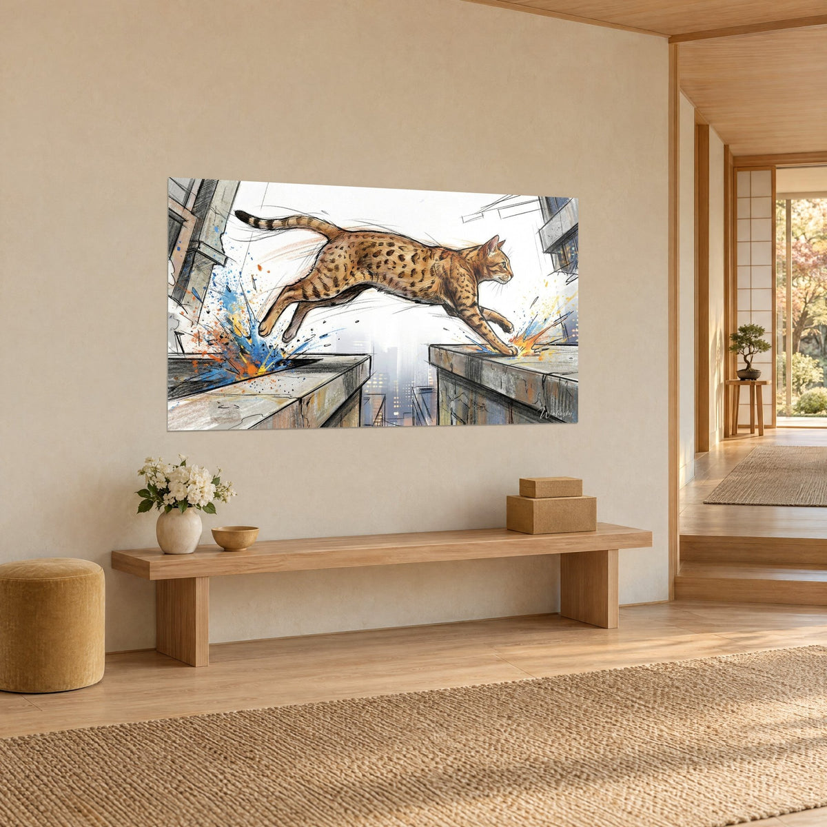 Wall art of a tawny Ocicat with brown spots crossing an urban void, grey mist, charcoal sketch lines, cream wall of a japandi hallway