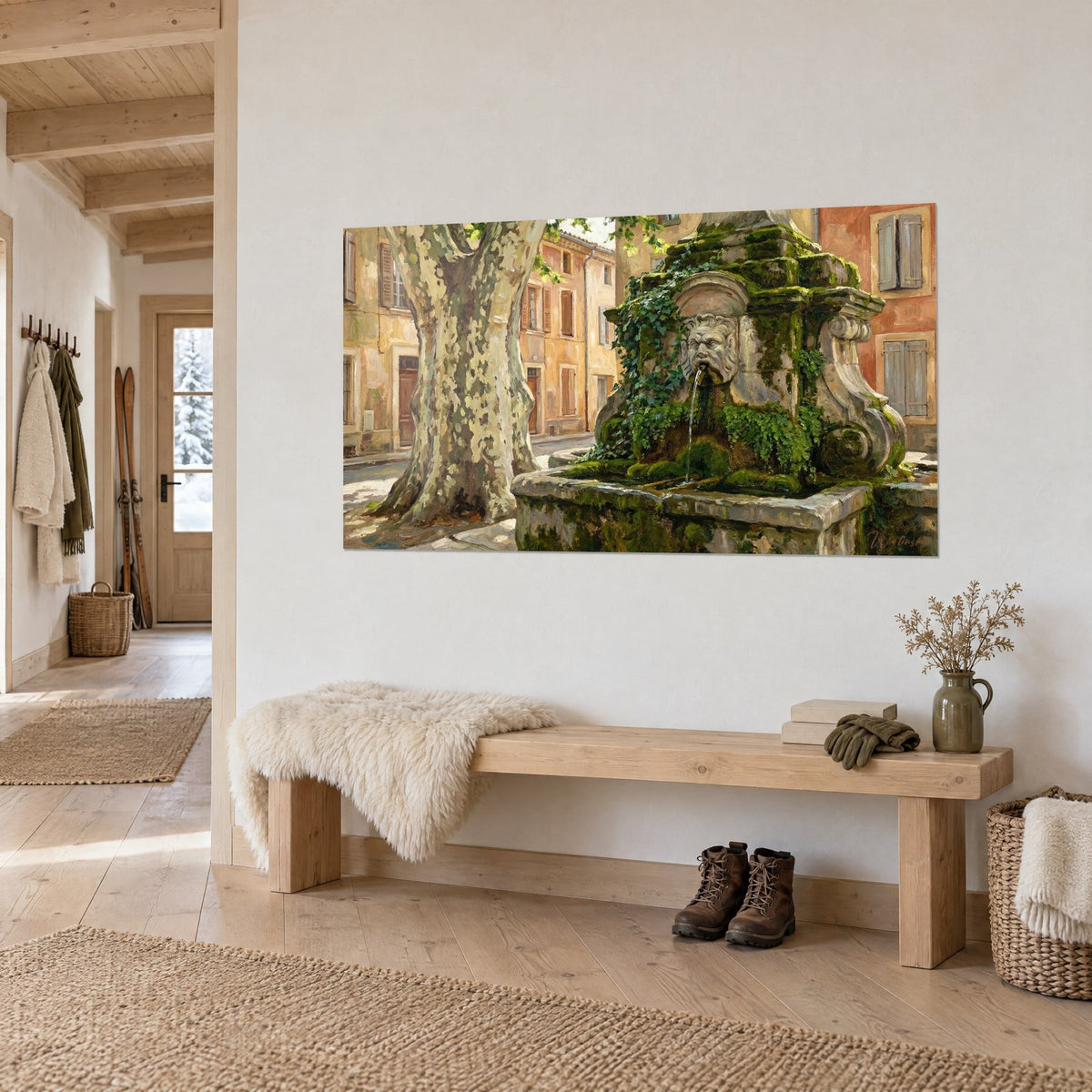 Quadro Antica piazza provenzale, acqua che zampilla da una maschera scolpita, facciate ocra e arancio, in uno chalet