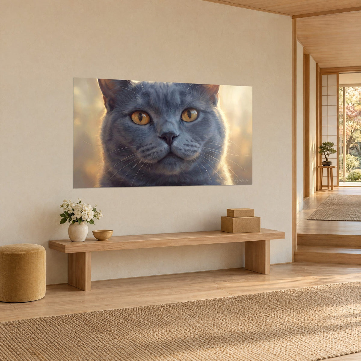 Cuadro retrato felino gris pizarra, iris dorados y bigotes blancos, sobre una pared crema junto a un banco de madera clara