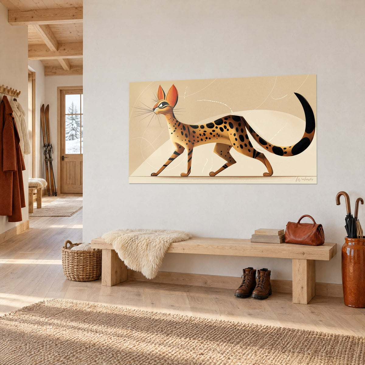 Schilderij Savannah-kat in de pas, okerkleurige vacht bespikkeld met zwart, gebogen staart op crèmekleurige achtergrond, driekwart zicht in een hal