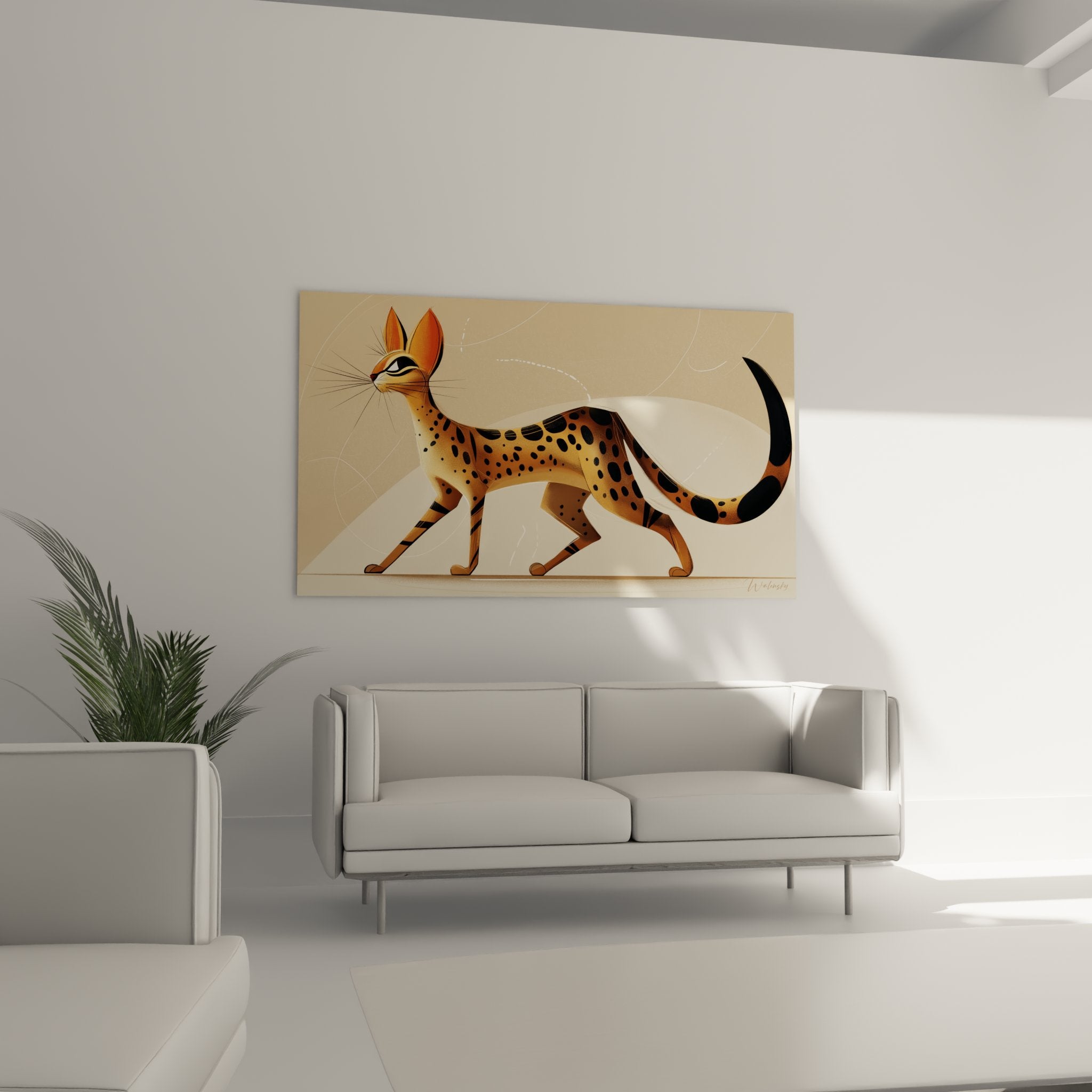 Gros plan sur tableau chat serval stylisé, détails des motifs tachetés et expression féline élégante
