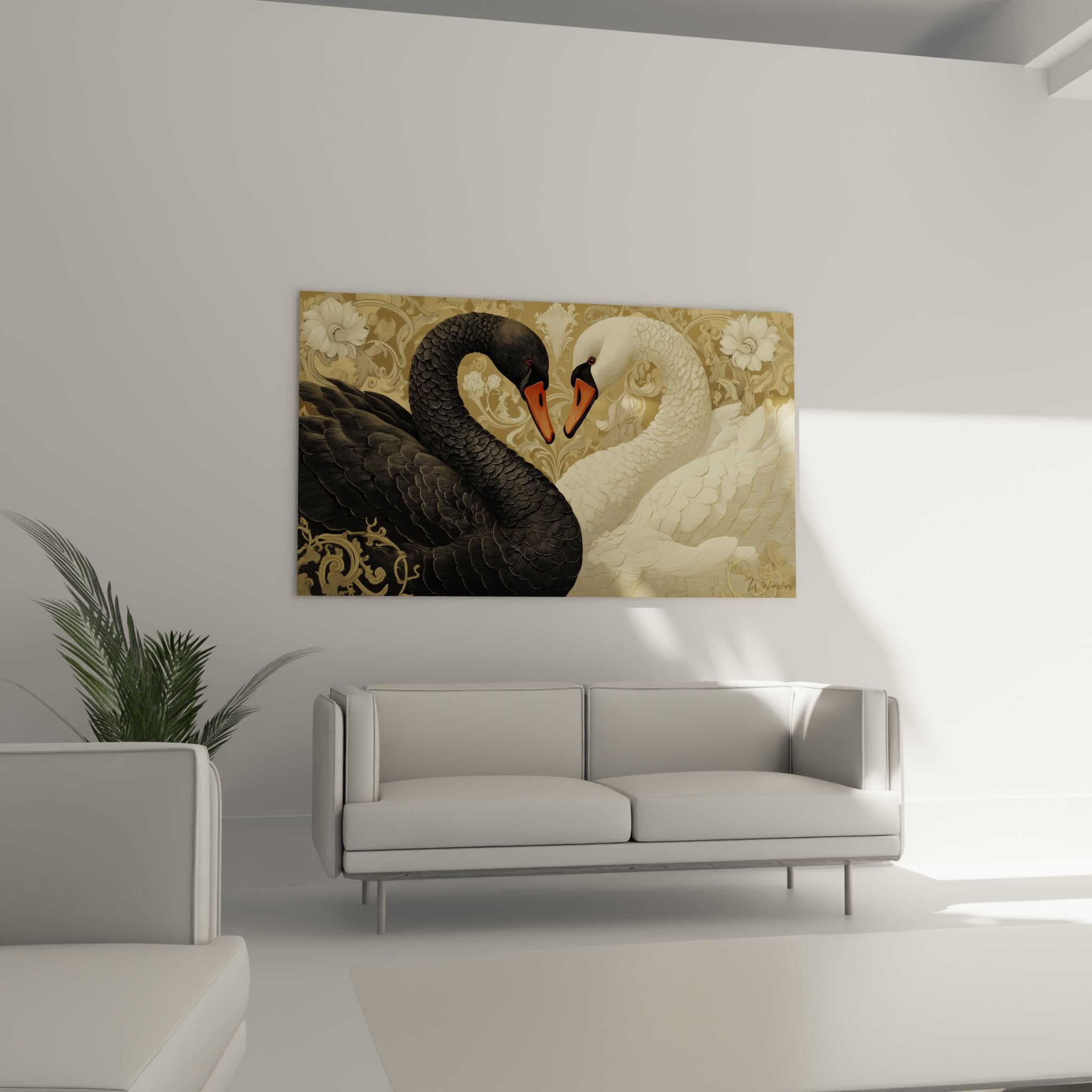 Dettaglio ravvicinato dei cigni art déco che mostra le texture delle piume e i motivi decorativi dorati sullo sfondo