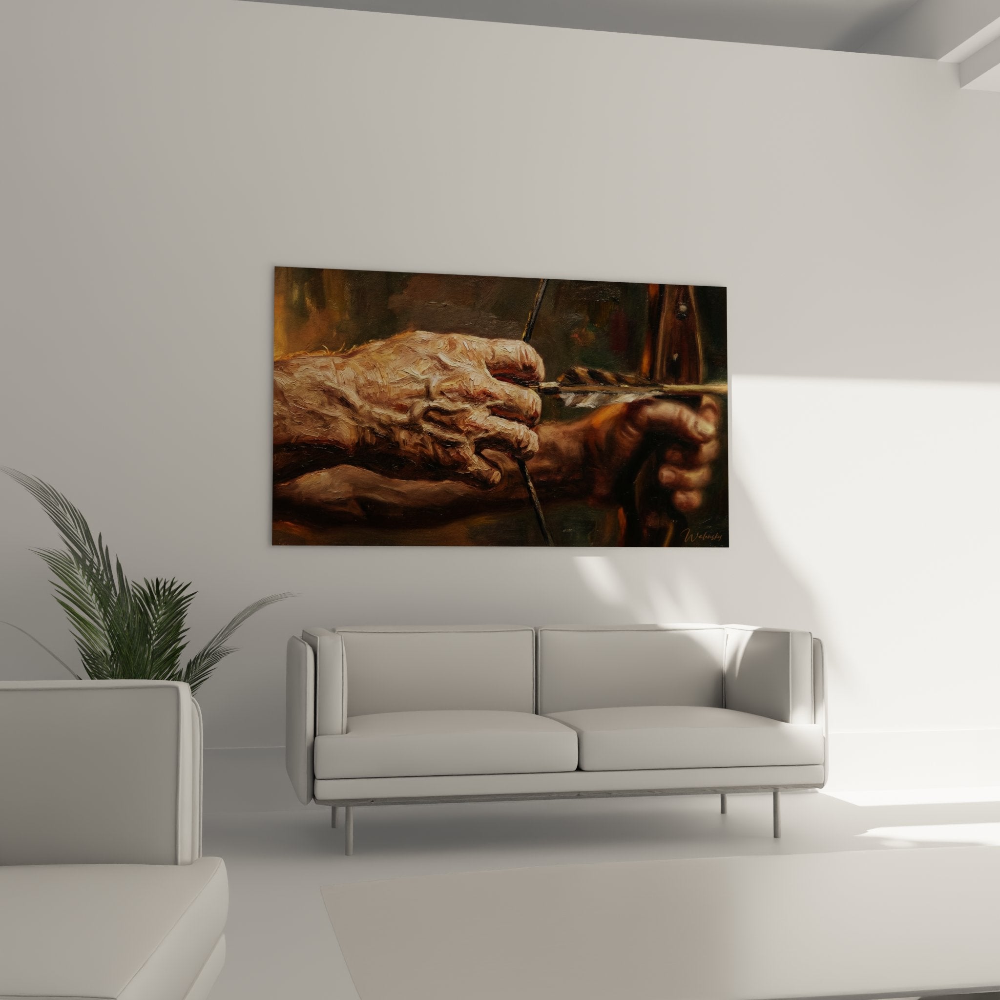 Gros plan tableau mains expertes artisan manipulation outil atelier peinture realiste tons chauds