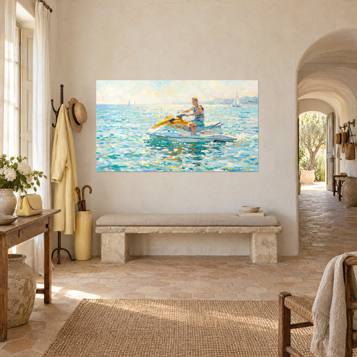 Tableau scooter des mers jaune et blanc, mer scintillante turquoise et ocre, voilier au loin, mur crépi d'un mas provençal
