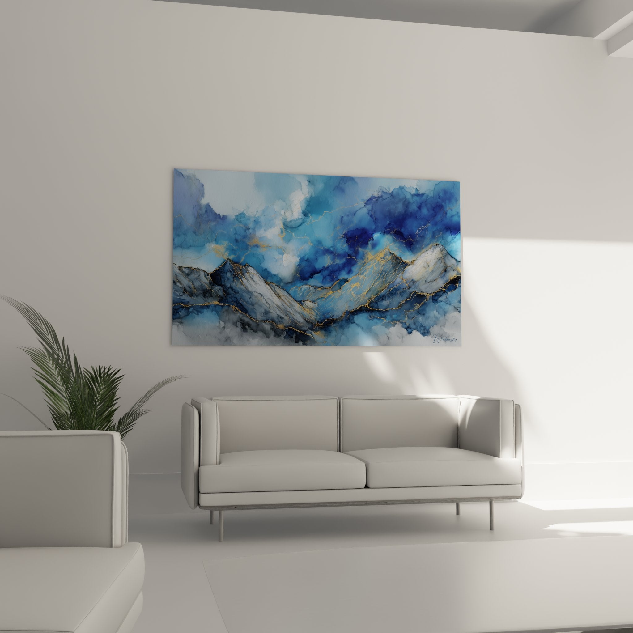 Textured detail abstract mountain painting with golden veins blue clouds contemporary art