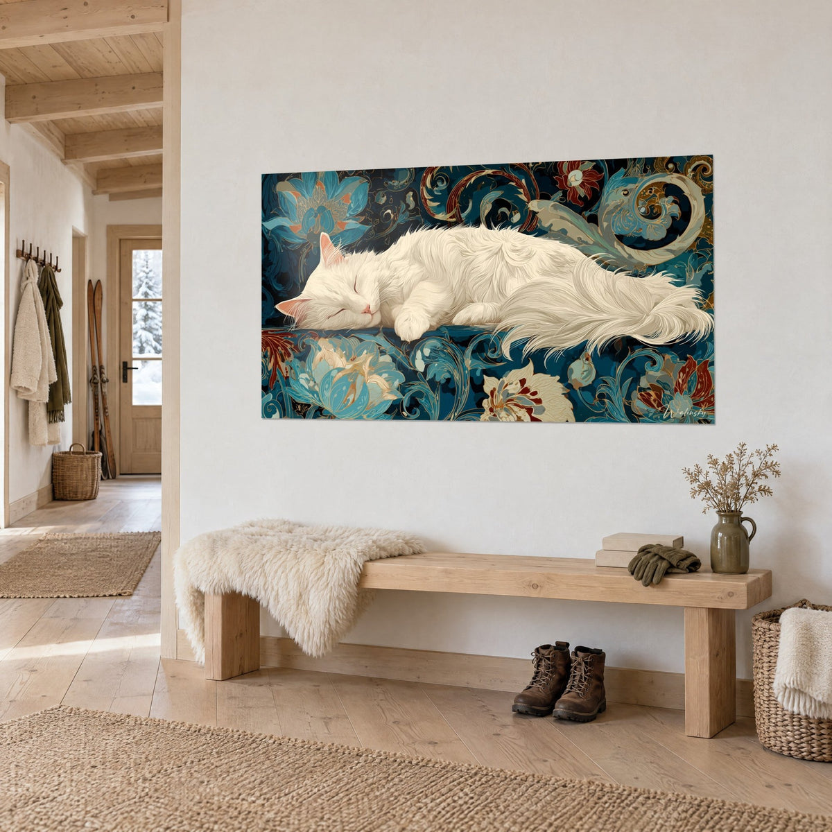 Wall art long-haired ivory cat with closed eyelids, turquoise and burgundy flowers, side view, light wooden bench