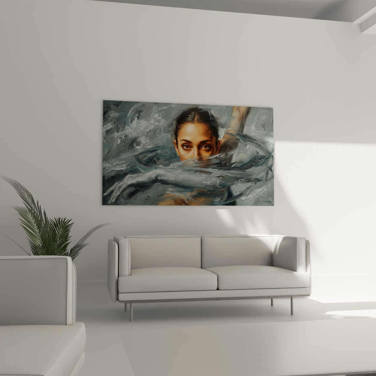 Dettaglio pittura ritratto donna acqua tecnica pennello espressionista colori blu grigi closeup art