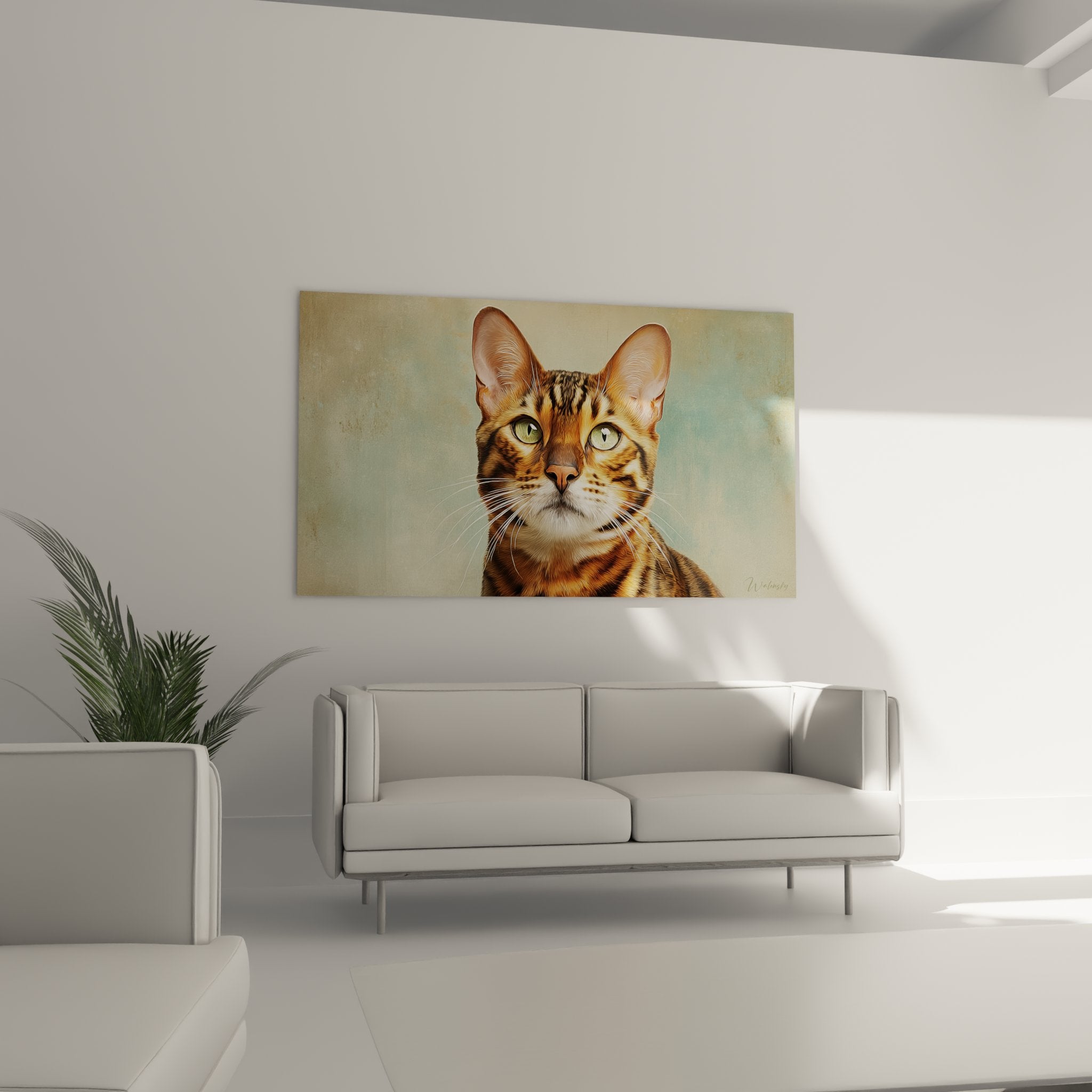 Close-up detail of the artwork showing the expressive green eyes and golden stripes of the Toyger cat
